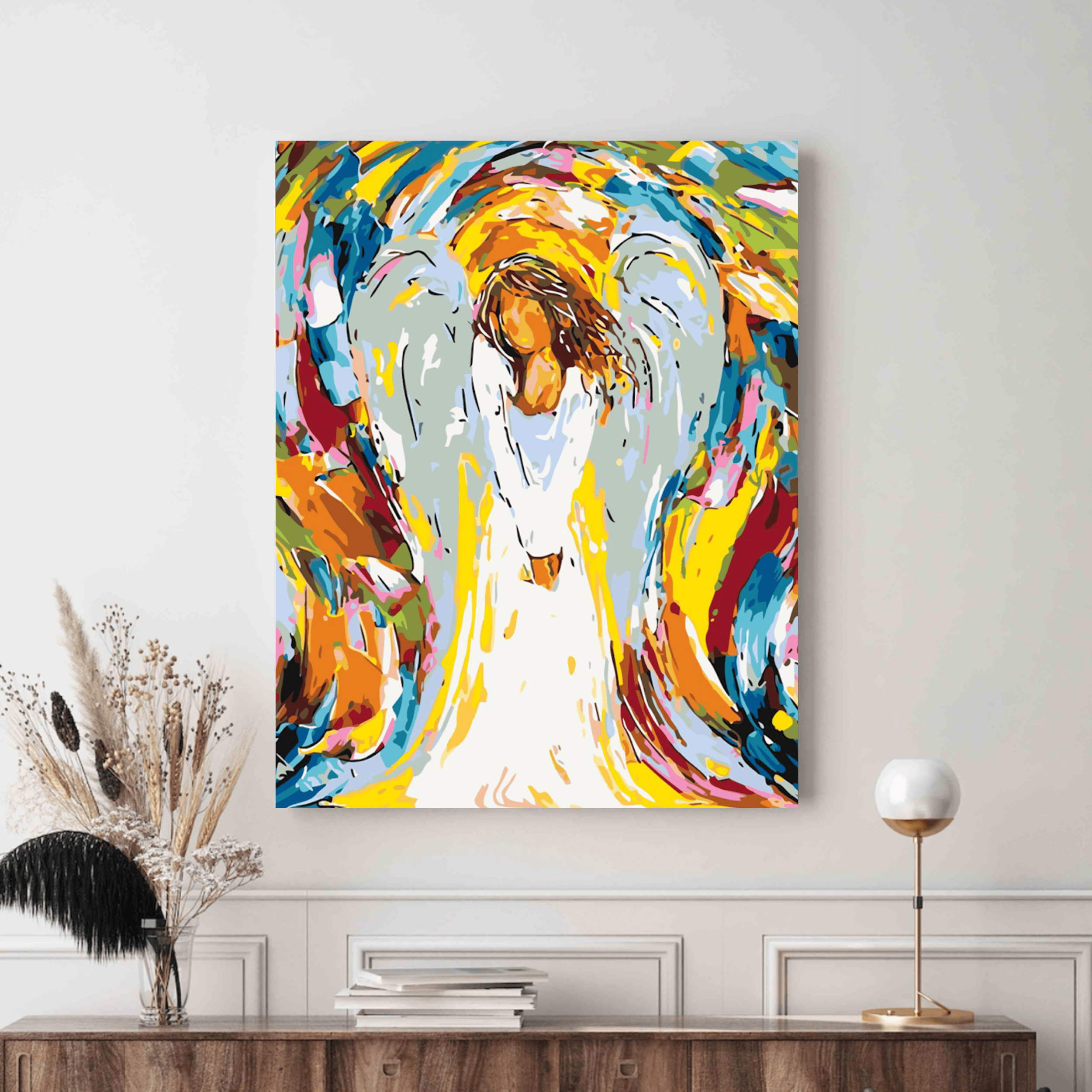 Colectie tablouri pe numere - Ingeri: Setul include vopsele numerotate, 3 pensule, panza numerotata, agatatoare, imagine de control si pachet pentru impachetat. Optional, poate avea sasiu pentru inramare.