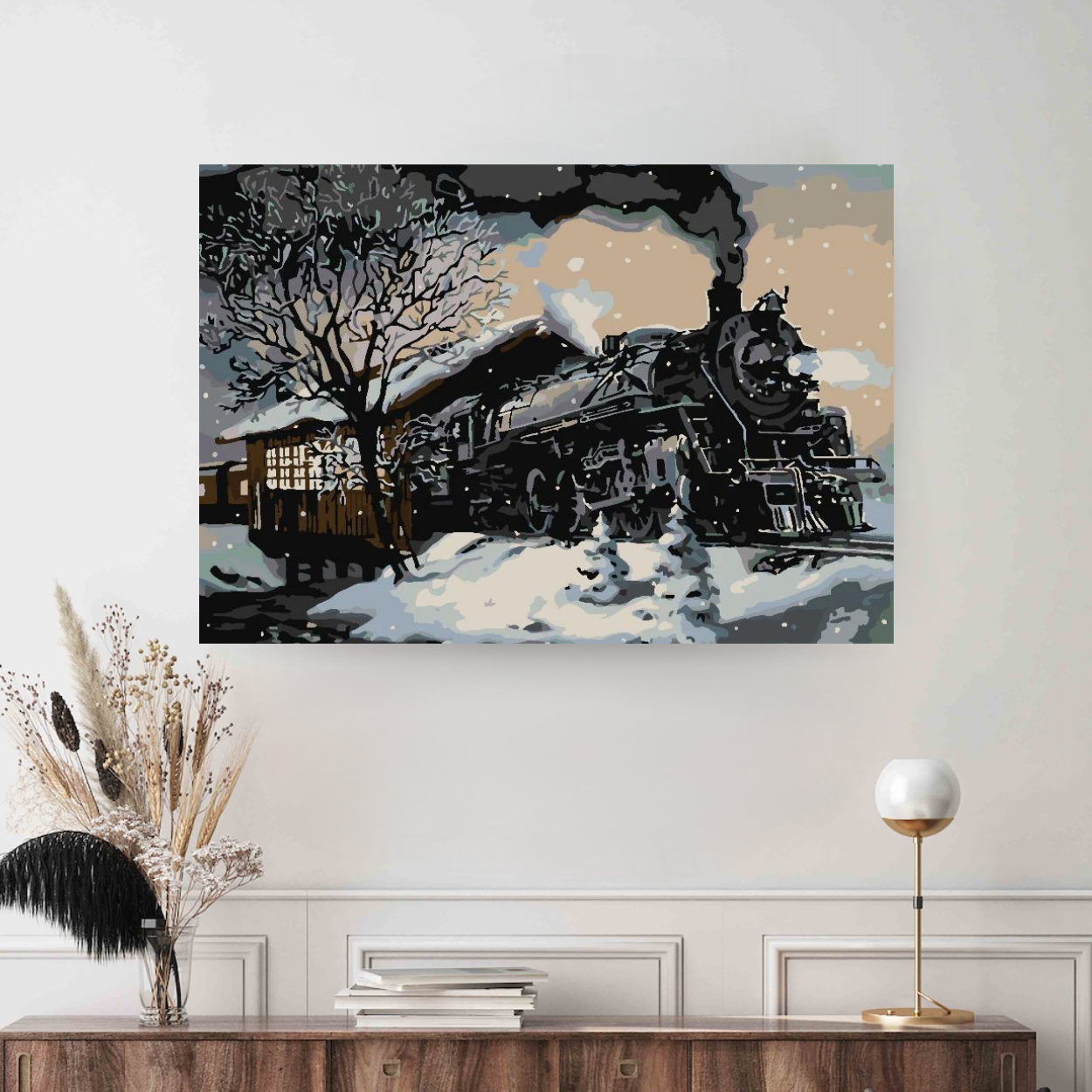 Colectie tablouri pe numere - Trenuri: Setul include vopsele numerotate, 3 pensule, panza numerotata, agatatoare, imagine de control si pachet pentru impachetat. Optional, poate avea sasiu pentru inramare.