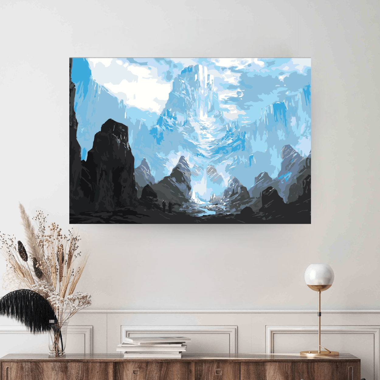 Colectie tablouri pe numere - Munti: Setul include vopsele numerotate, 3 pensule, panza numerotata, agatatoare, imagine de control si pachet pentru impachetat. Optional, poate avea sasiu pentru inramare.