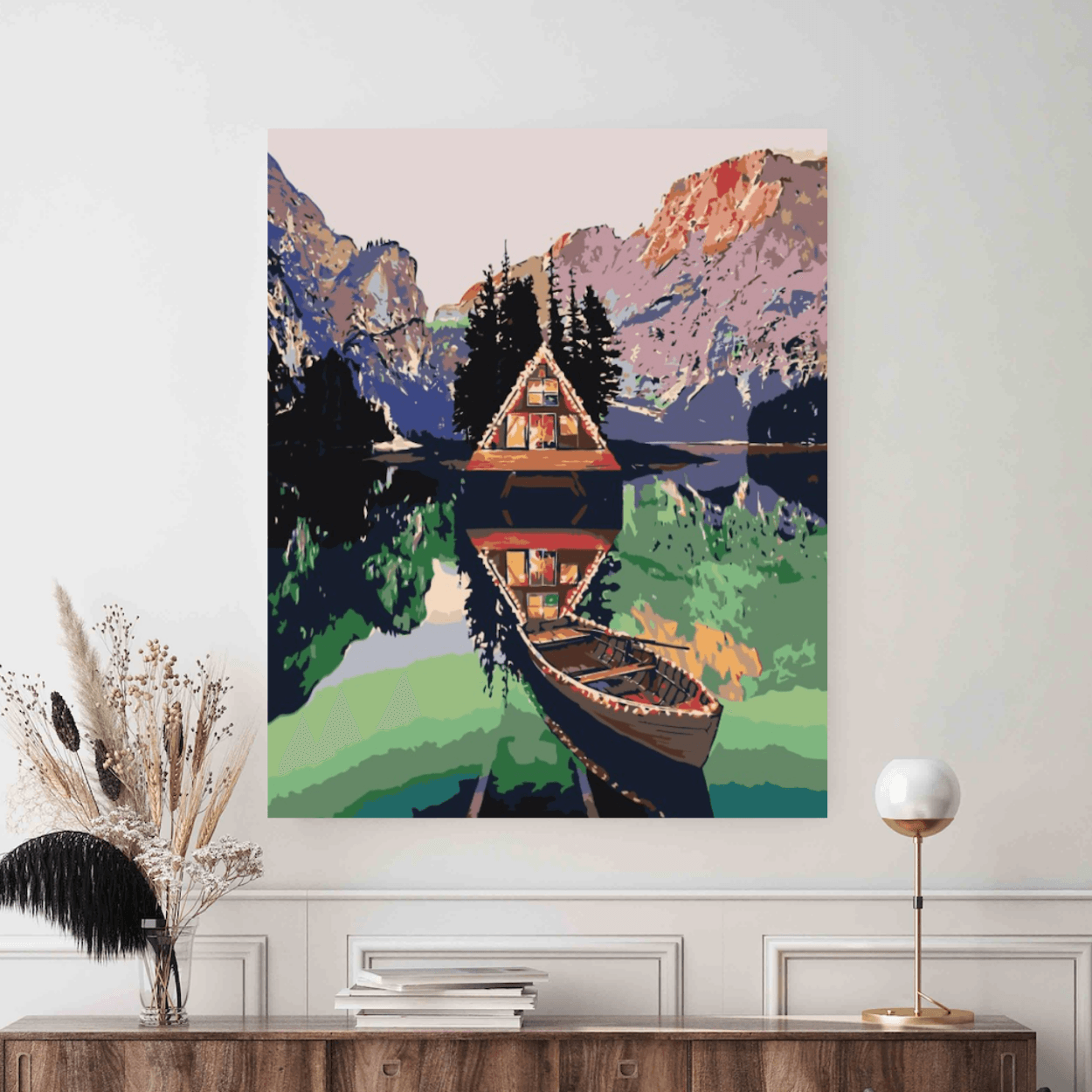 Colectie tablouri pe numere - Lacuri si rauri: Setul include vopsele numerotate, 3 pensule, panza numerotata, agatatoare, imagine de control si pachet pentru impachetat. Optional, poate avea sasiu pentru inramare.