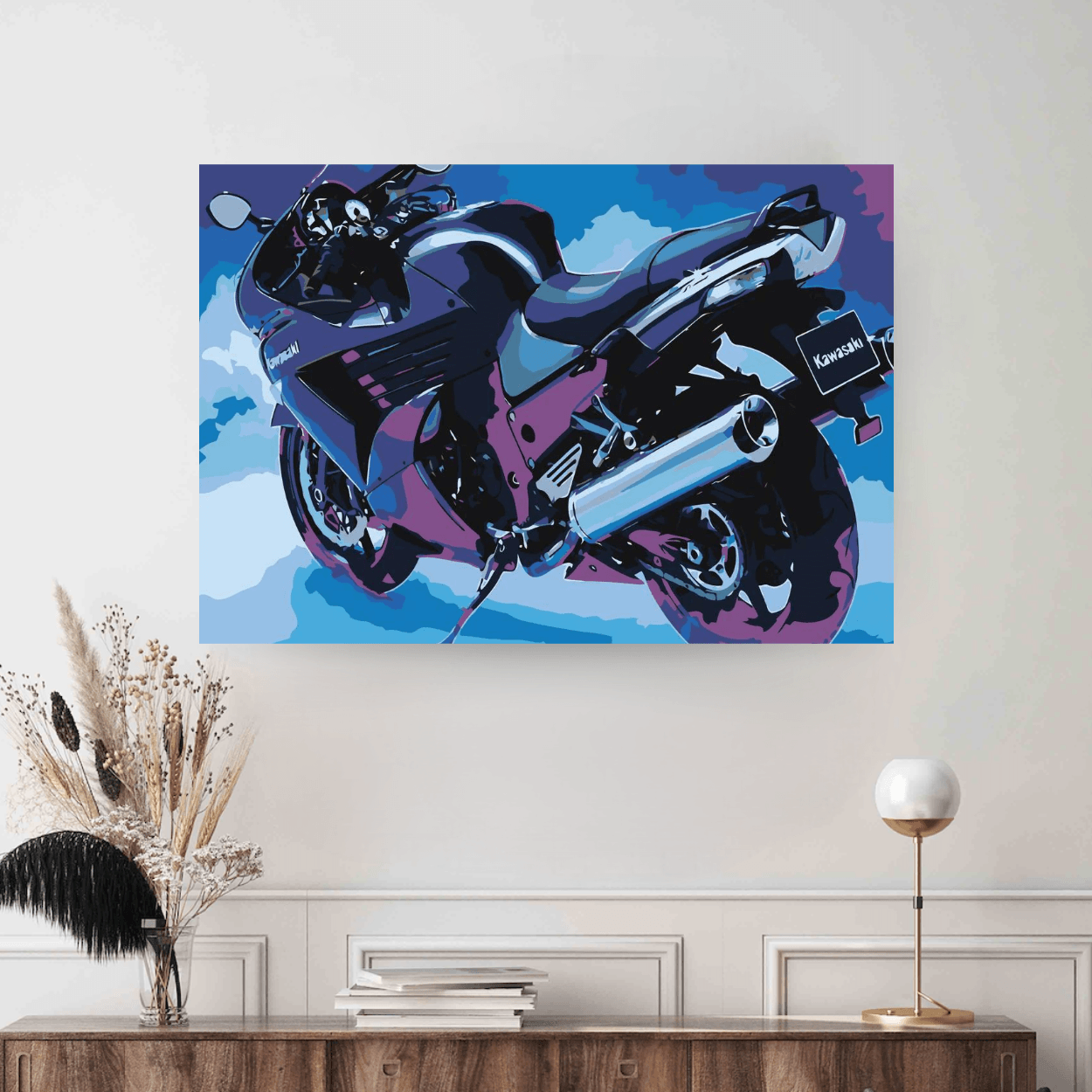 Colectie tablouri pe numere - Motociclete: Setul include vopsele numerotate, 3 pensule, panza numerotata, agatatoare, imagine de control si pachet pentru impachetat. Optional, poate avea sasiu pentru inramare.