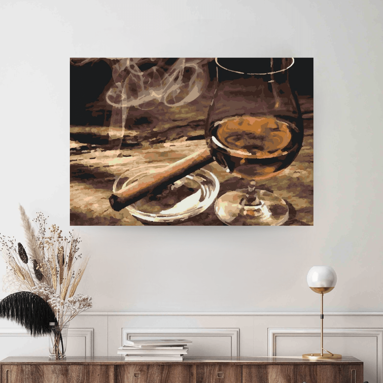 Colectie tablouri pe numere - Pentru el: Setul include vopsele numerotate, 3 pensule, panza numerotata, agatatoare, imagine de control si pachet pentru impachetat. Optional, poate avea sasiu pentru inramare.