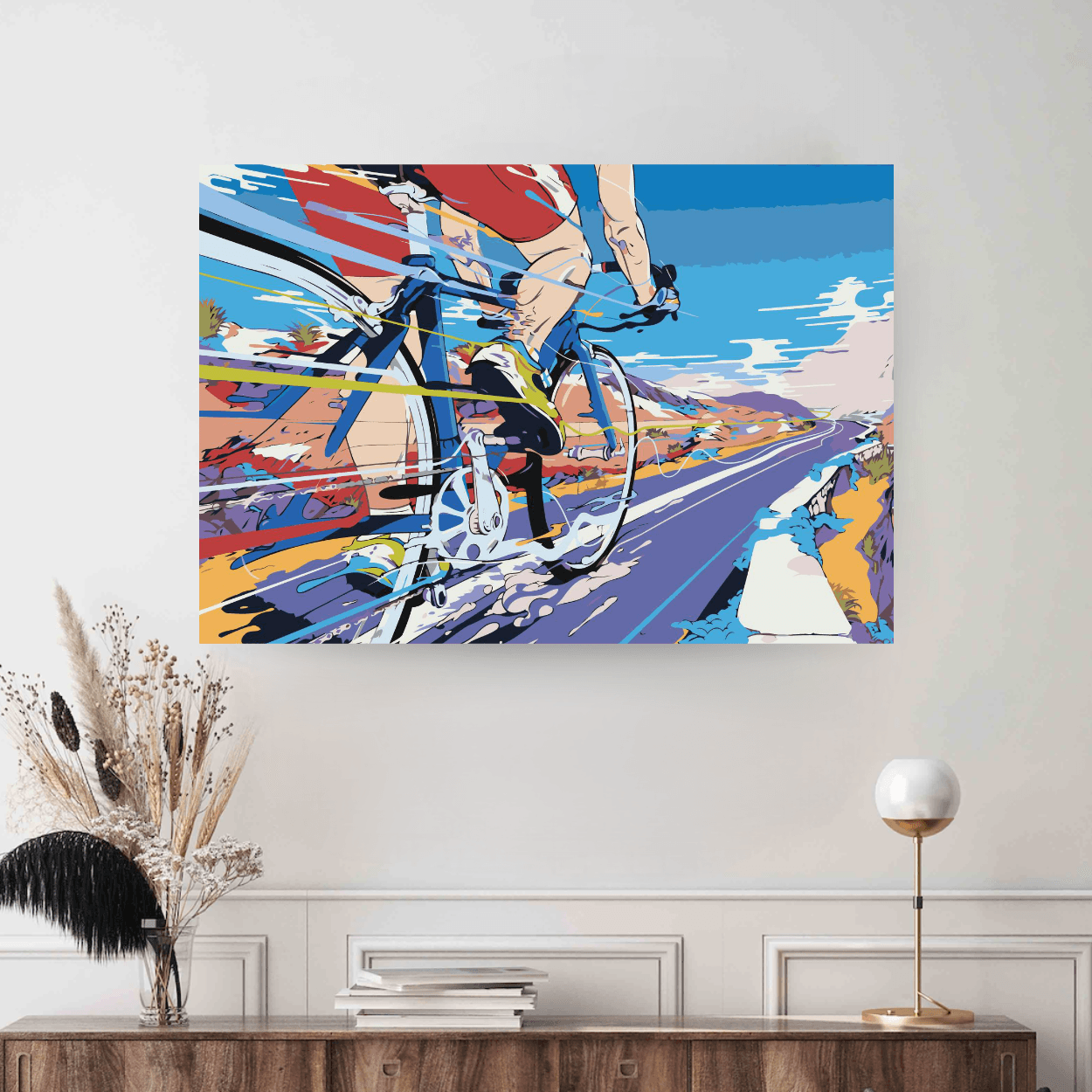 Colectie tablouri pe numere - Biciclete: Setul include vopsele numerotate, 3 pensule, panza numerotata, agatatoare, imagine de control si pachet pentru impachetat. Optional, poate avea sasiu pentru inramare.