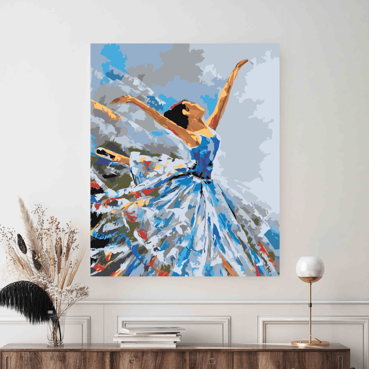 Colectie tablouri pe numere - Dans si muzica: Setul include vopsele numerotate, 3 pensule, panza numerotata, agatatoare, imagine de control si pachet pentru impachetat. Optional, poate avea sasiu pentru inramare.