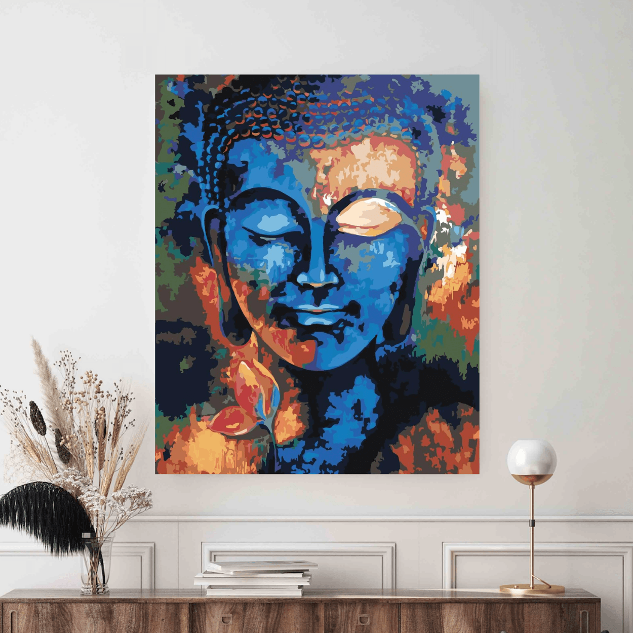 Colectie tablouri pe numere - Spiritualitate: Setul include vopsele numerotate, 3 pensule, panza numerotata, agatatoare, imagine de control si pachet pentru impachetat. Optional, poate avea sasiu pentru inramare.