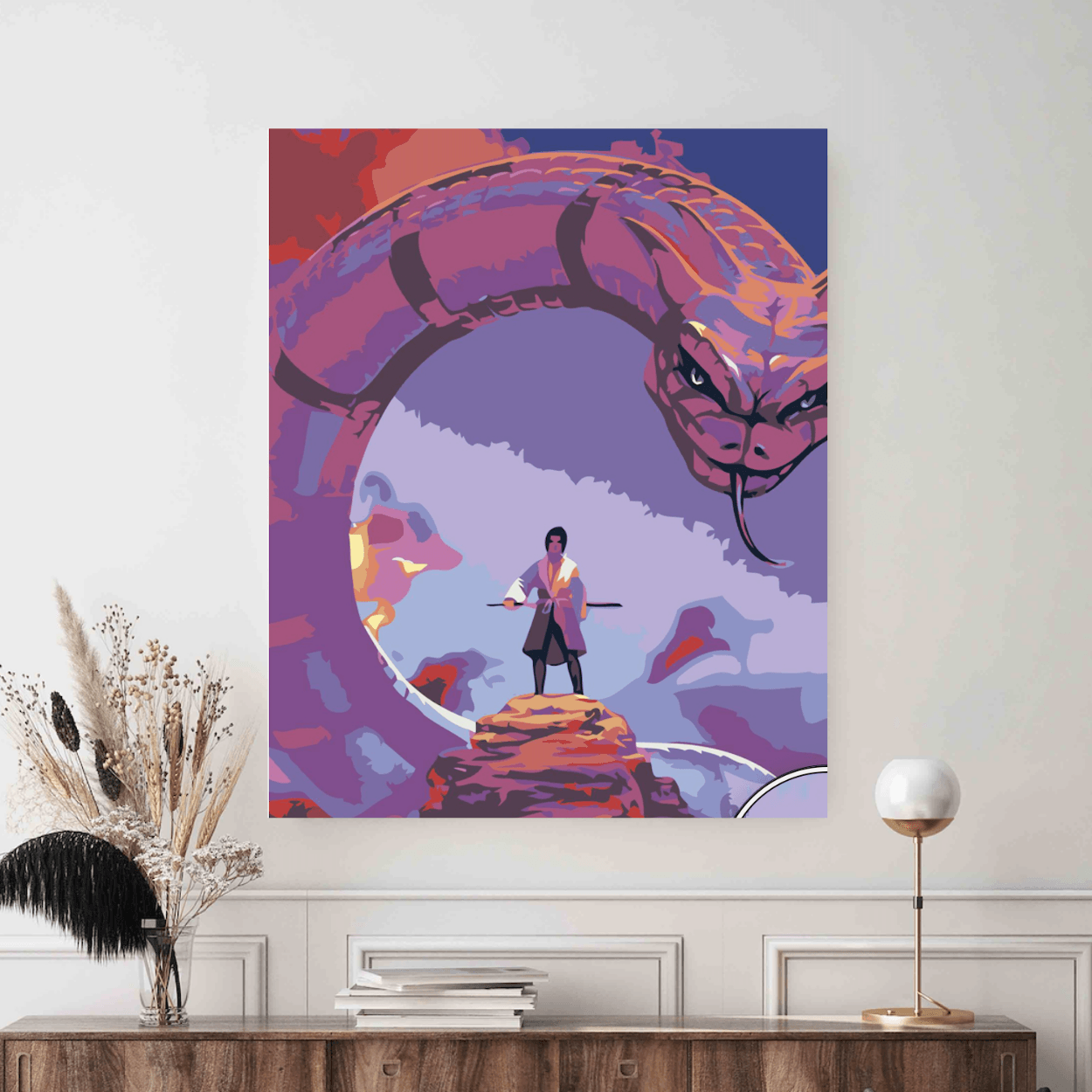 Colectie pictura pe numere - Anime: Setul include vopsele numerotate, 3 pensule, panza numerotata, agatatoare, imagine de control si pachet pentru impachetat. Optional, poate avea sasiu pentru inramare.