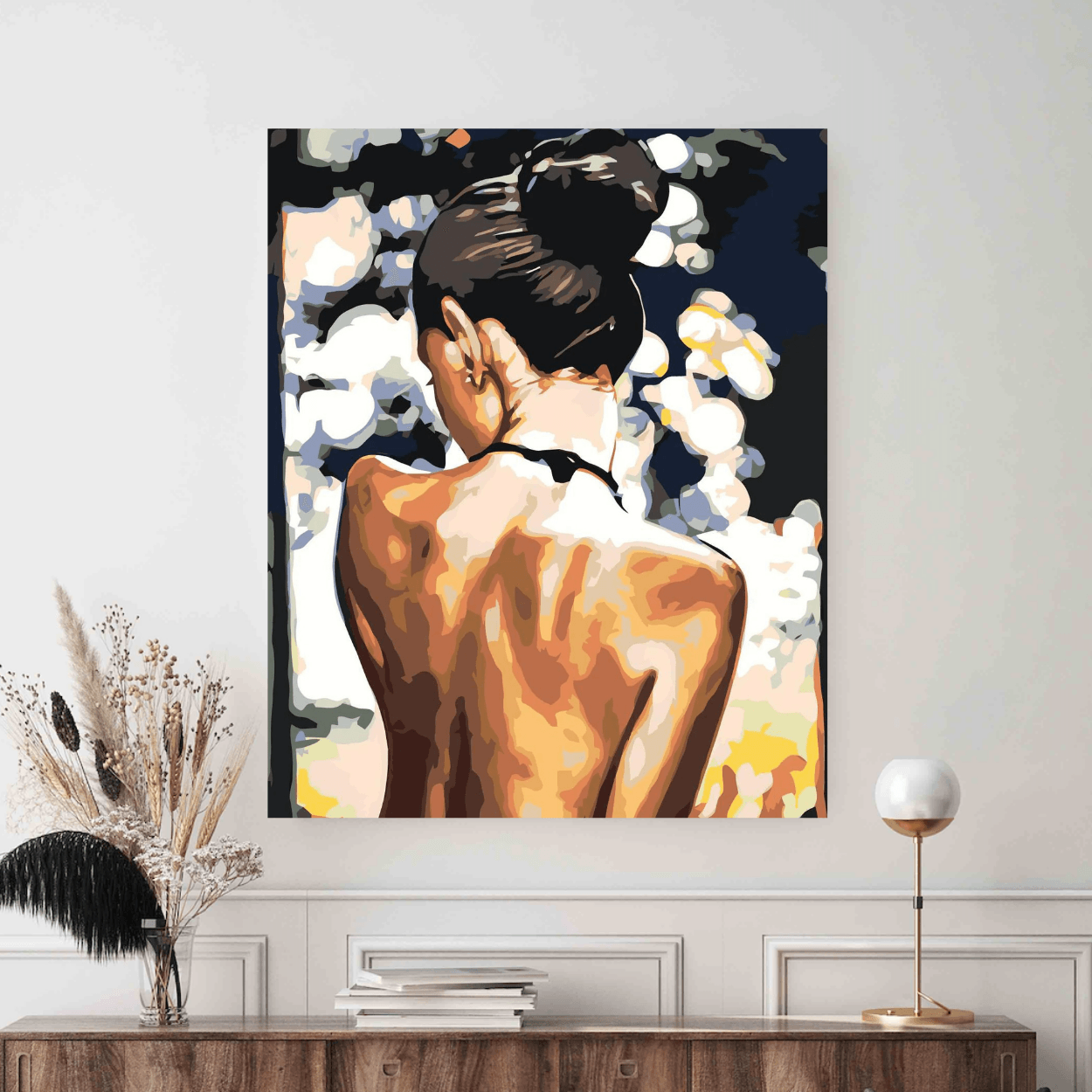 Colectie tablouri pe numere - Femei: Setul include vopsele numerotate, 3 pensule, panza numerotata, agatatoare, imagine de control si pachet pentru impachetat. Optional, poate avea sasiu pentru inramare.