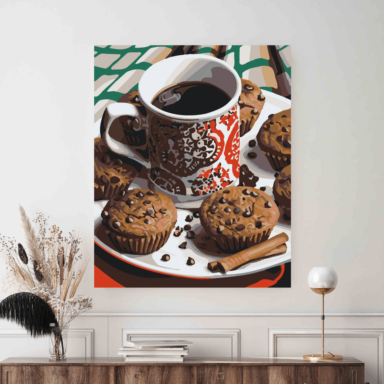 Colectie tablouri pe numere - Mancare si bautura: Setul include vopsele numerotate, 3 pensule, panza numerotata, agatatoare, imagine de control si pachet pentru impachetat. Optional, poate avea sasiu pentru inramare.