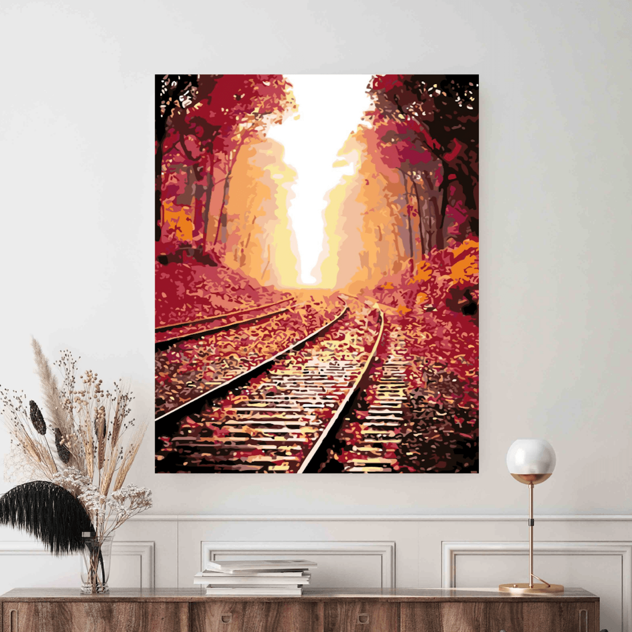 Colectie tablouri pe numere - Toamna: Setul include vopsele numerotate, 3 pensule, panza numerotata, agatatoare, imagine de control si pachet pentru impachetat. Optional, poate avea sasiu pentru inramare.