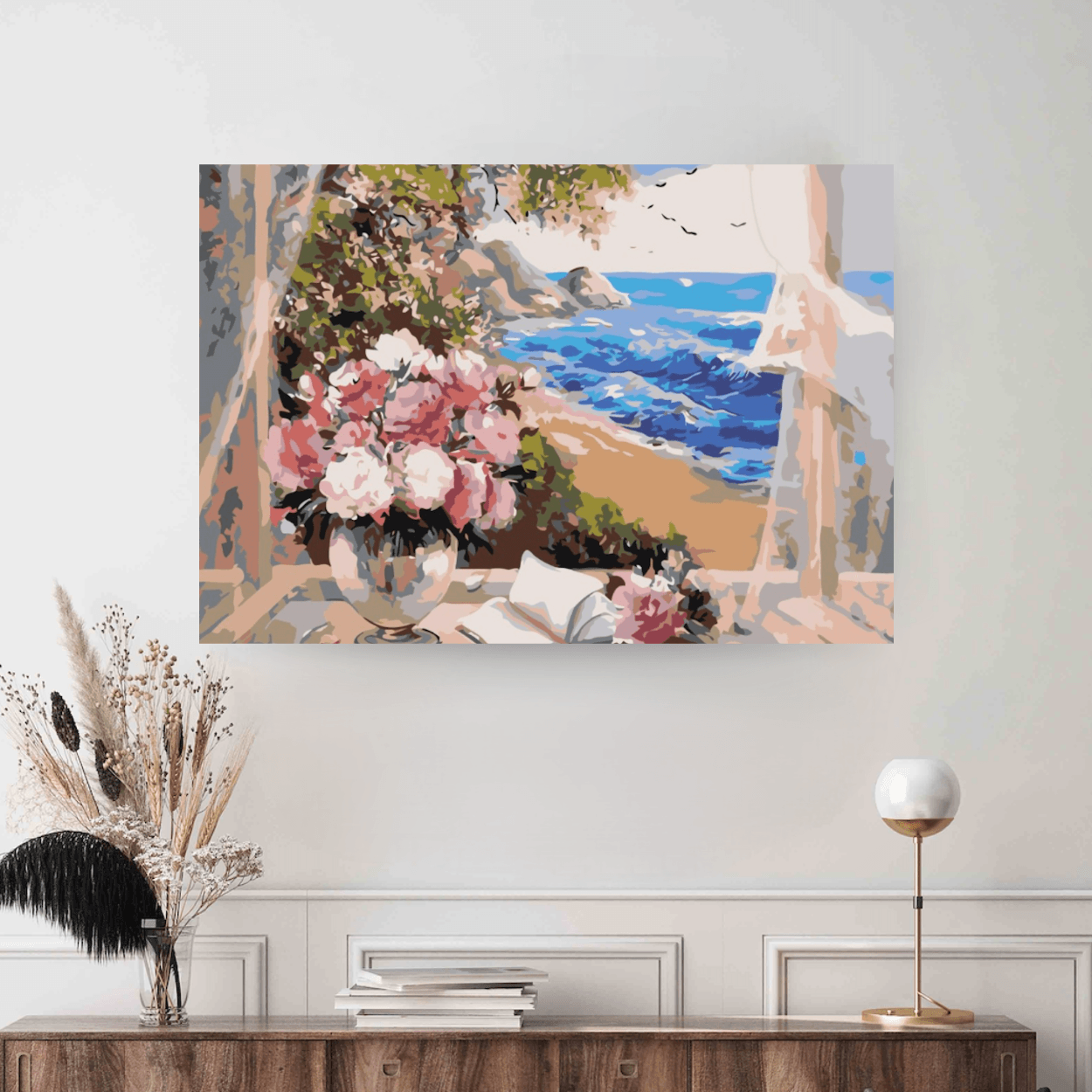 Colectie tablouri pe numere - Peisaje: Setul include vopsele numerotate, 3 pensule, panza numerotata, agatatoare, imagine de control si pachet pentru impachetat. Optional, poate avea sasiu pentru inramare.