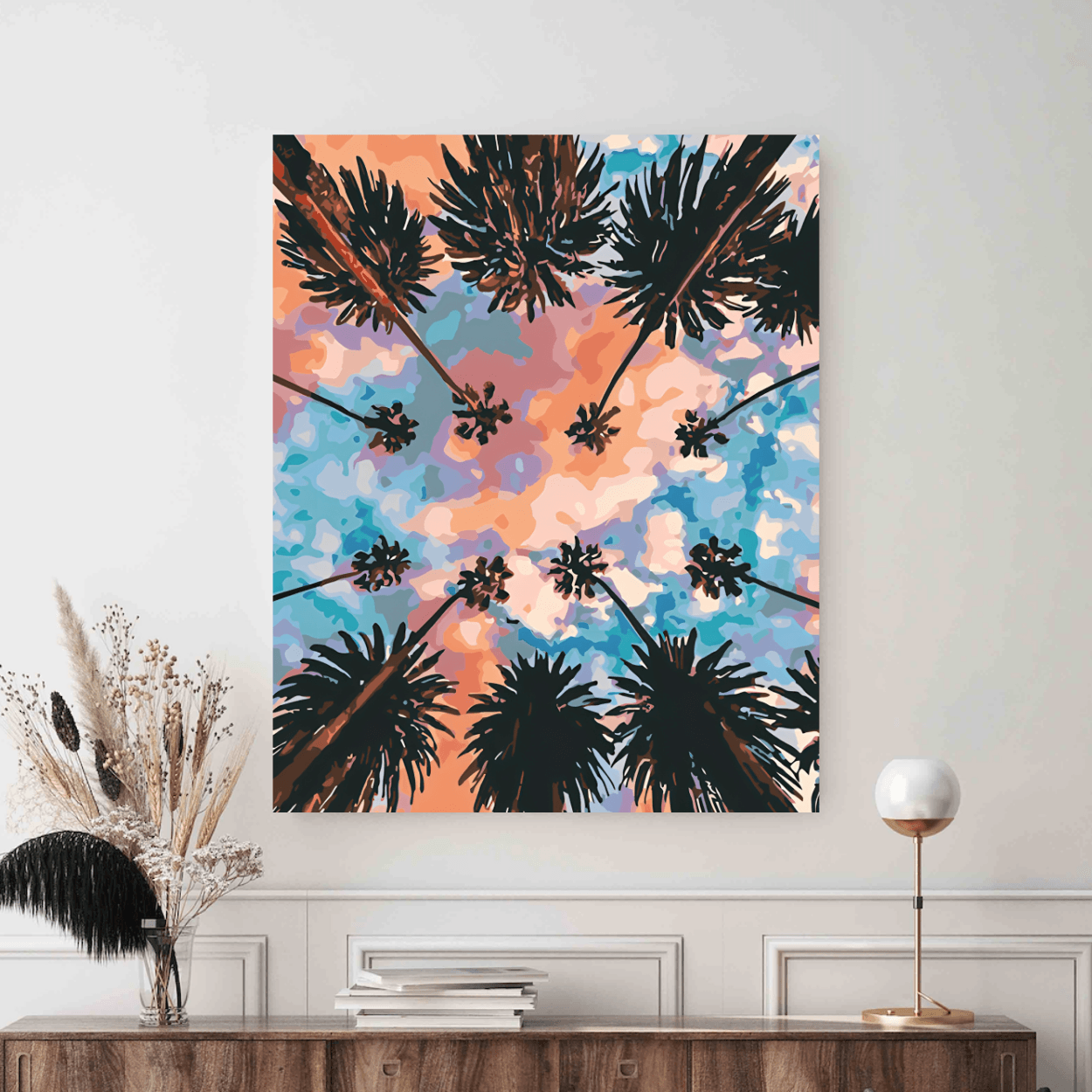 Colectie tablouri pe numere - Copaci: Setul include vopsele numerotate, 3 pensule, panza numerotata, agatatoare, imagine de control si pachet pentru impachetat. Optional, poate avea sasiu pentru inramare.