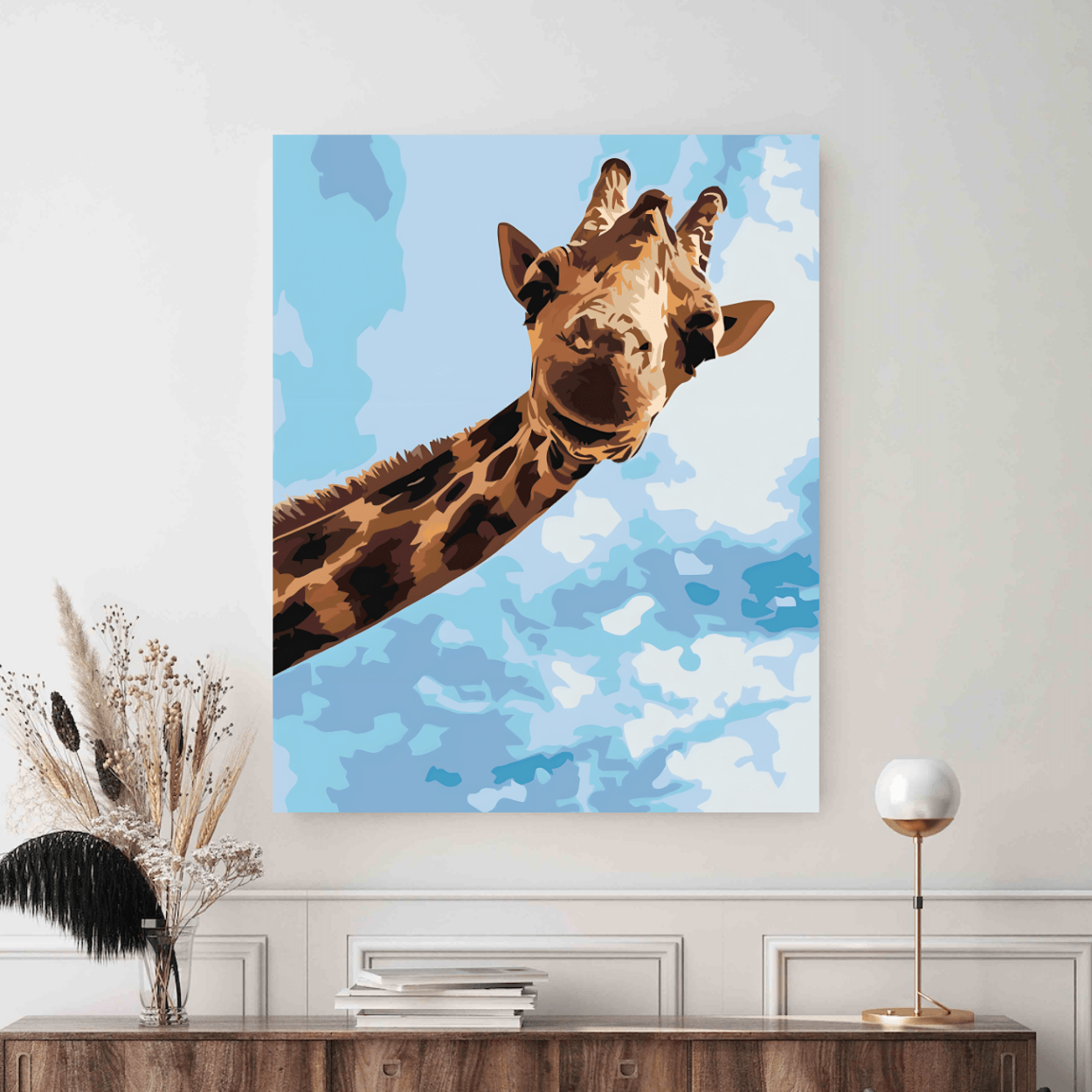 Colectie tablouri pe numere - Savana: Setul include vopsele numerotate, 3 pensule, panza numerotata, agatatoare, imagine de control si pachet pentru impachetat. Optional, poate avea sasiu pentru inramare.