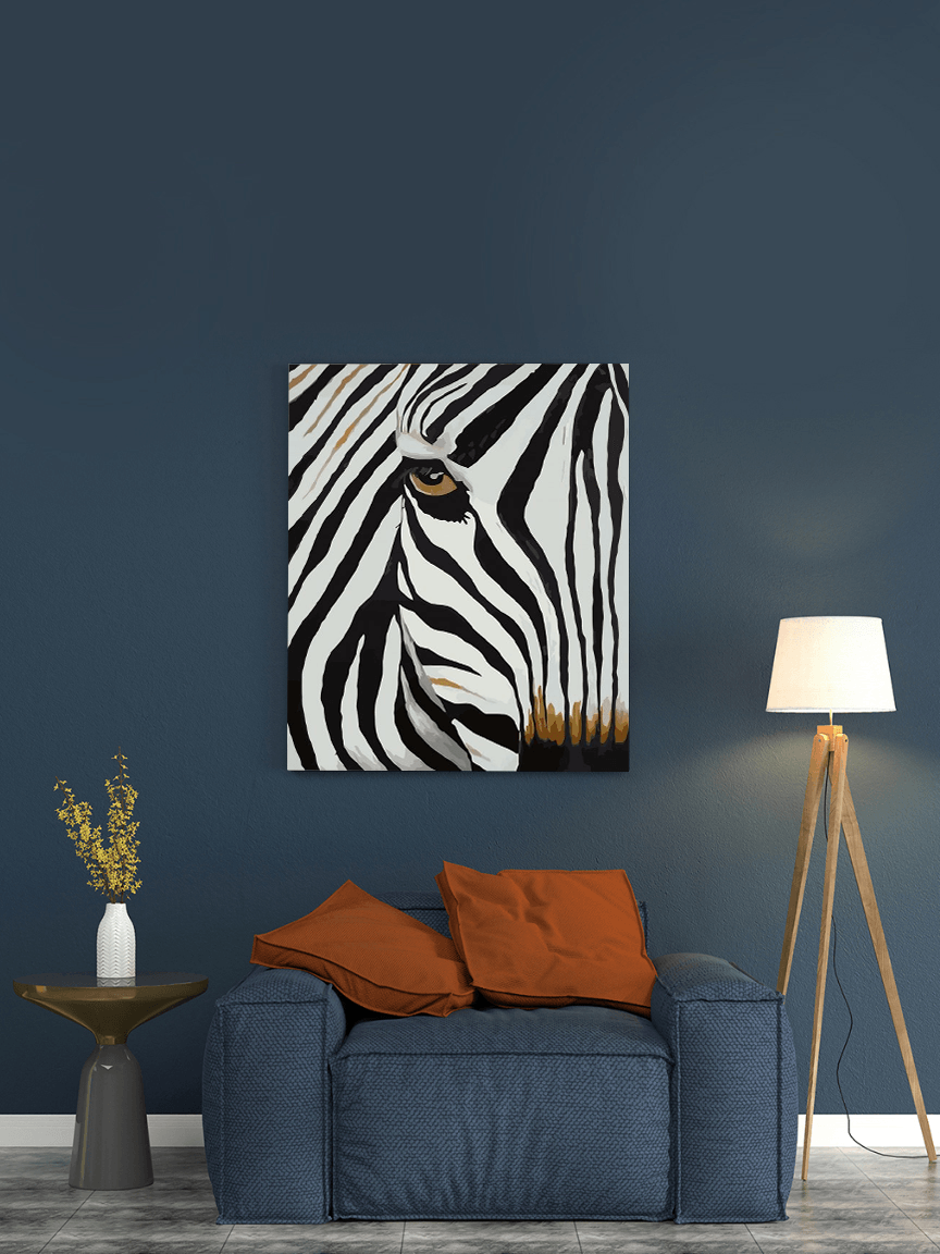 a living room with a zebra painting on the wall
