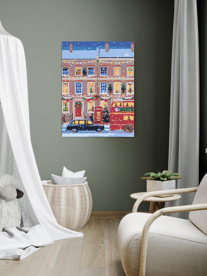 a living room with a white chair and a painting on the wall