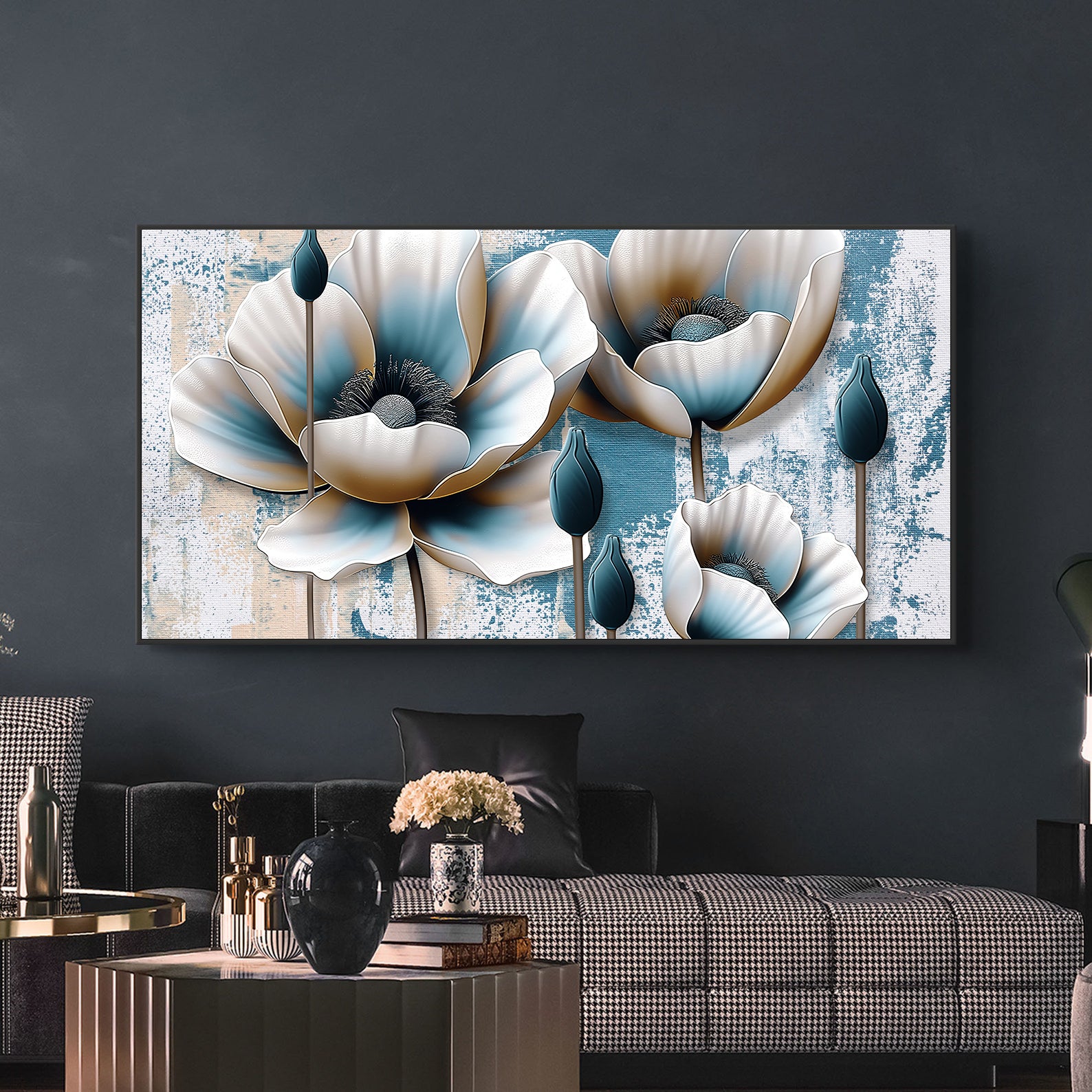 Leinwandgemälde - Goldene und blaue Blumen