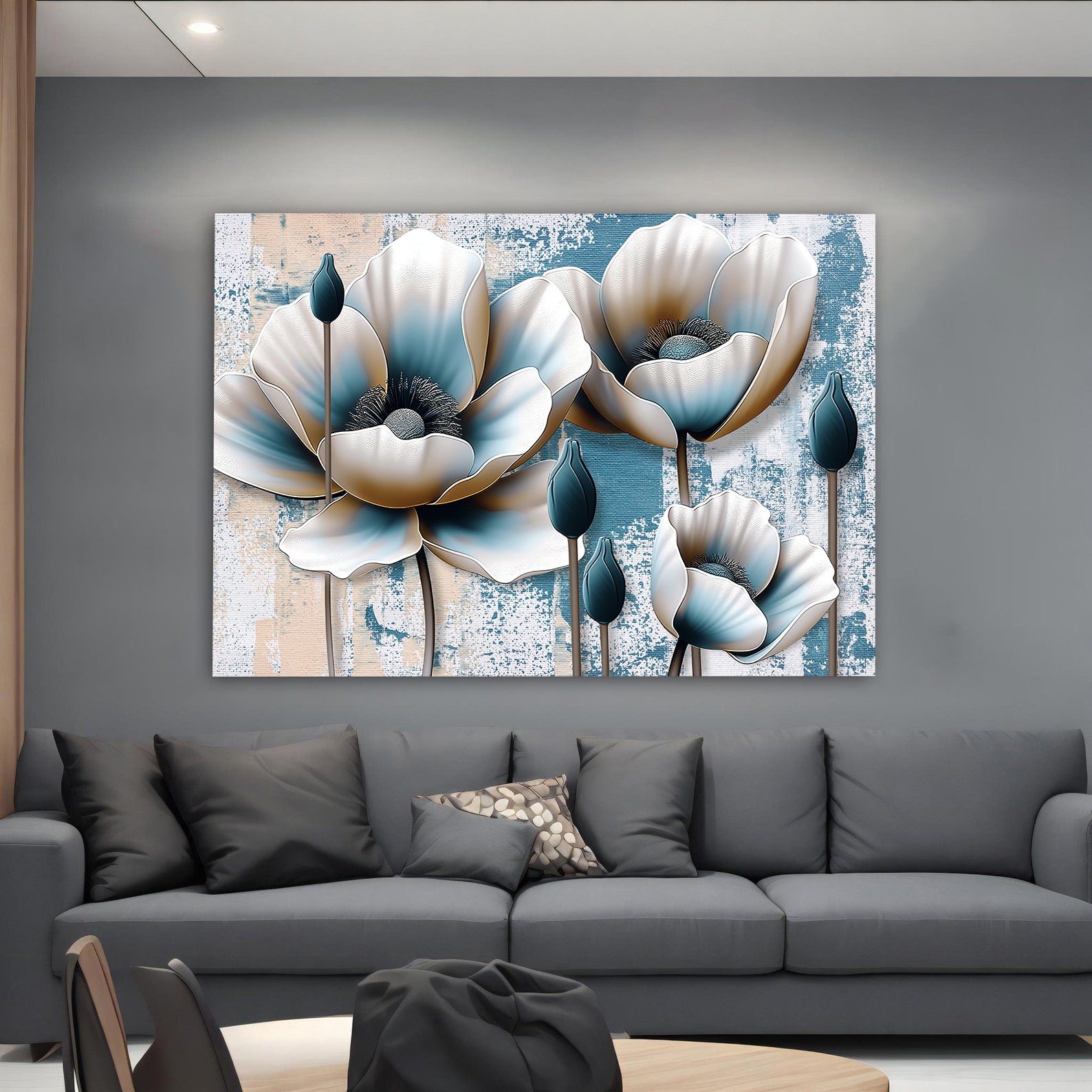 Peinture sur toile - Fleurs dorées et bleues