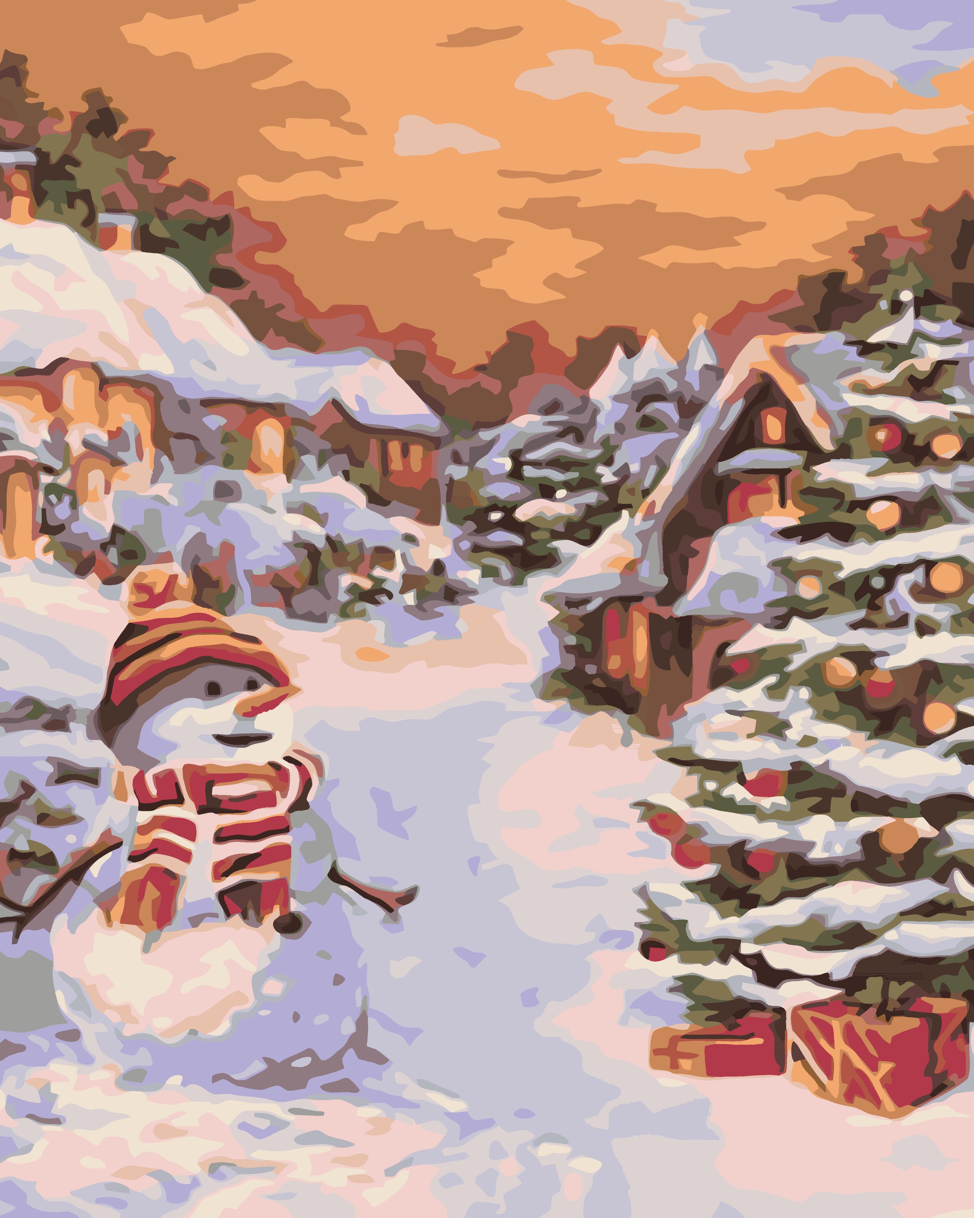 a painting of a snowman in a snowy village