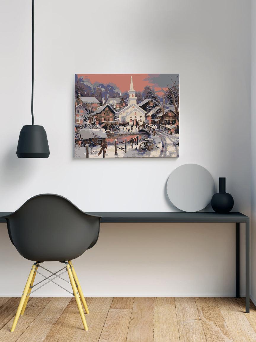 a painting of a snowy village with a church in the background