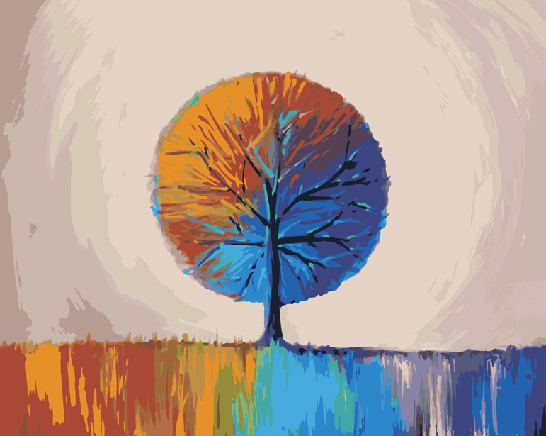 a painting of a tree with a sunset in the background