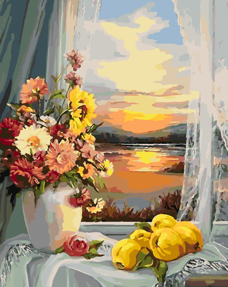 Malen nach Zahlen - Blumen in einer Vase und Sonnenuntergang 4332