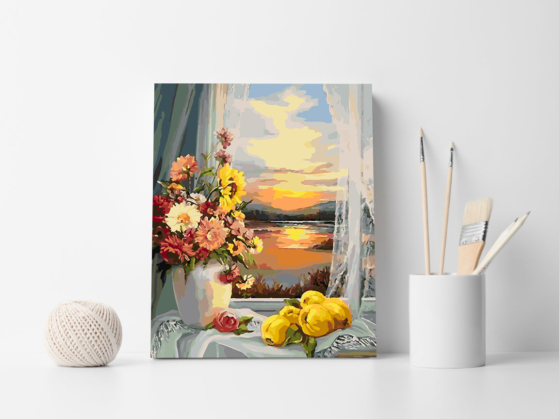 Malen nach Zahlen - Blumen in einer Vase und Sonnenuntergang 4332