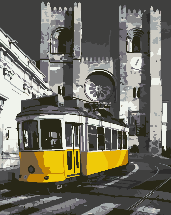 Malen nach Zahlen - Gelbe Straßenbahn in der Stadt 4501