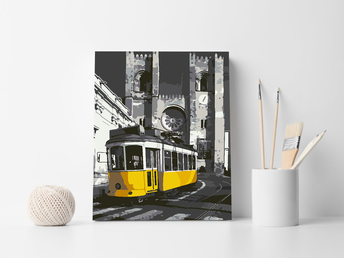Malen nach Zahlen - Gelbe Straßenbahn in der Stadt 4501