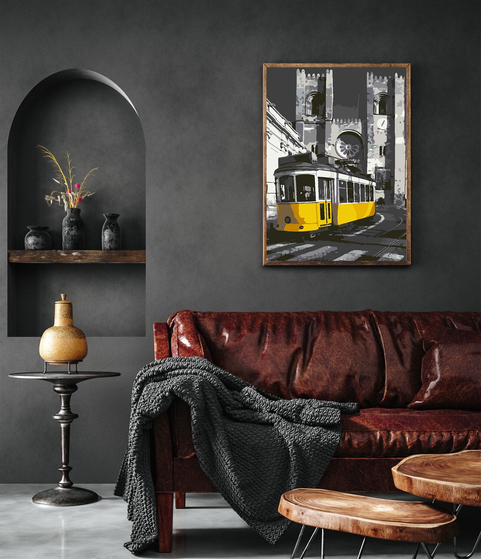 Malen nach Zahlen - Gelbe Straßenbahn in der Stadt 4501