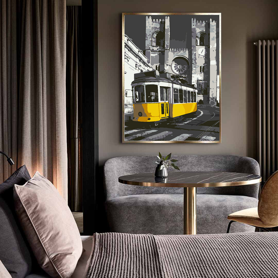 Malen nach Zahlen - Gelbe Straßenbahn in der Stadt 4501