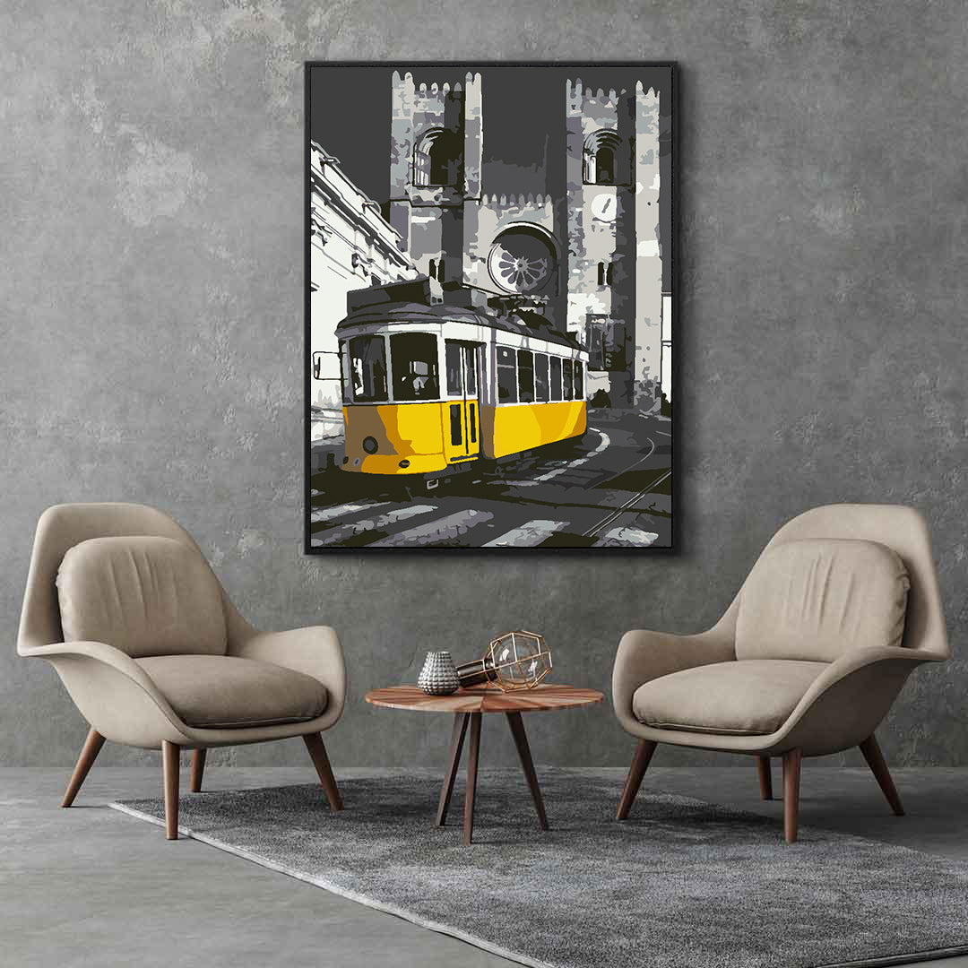 Malen nach Zahlen - Gelbe Straßenbahn in der Stadt 4501