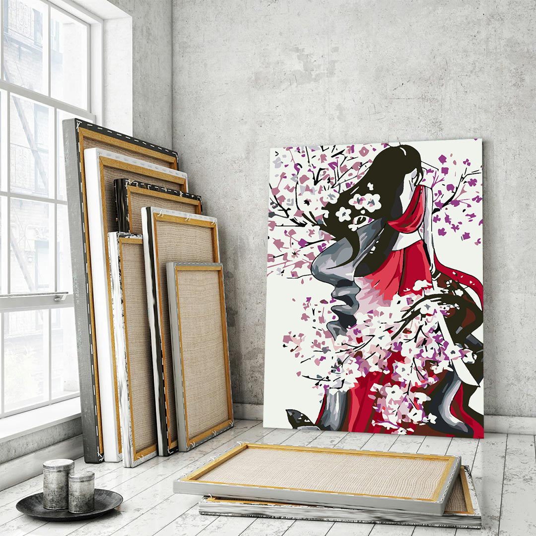 Malen nach Zahlen - Mädchen mit Sakura-Blütenblättern 4619