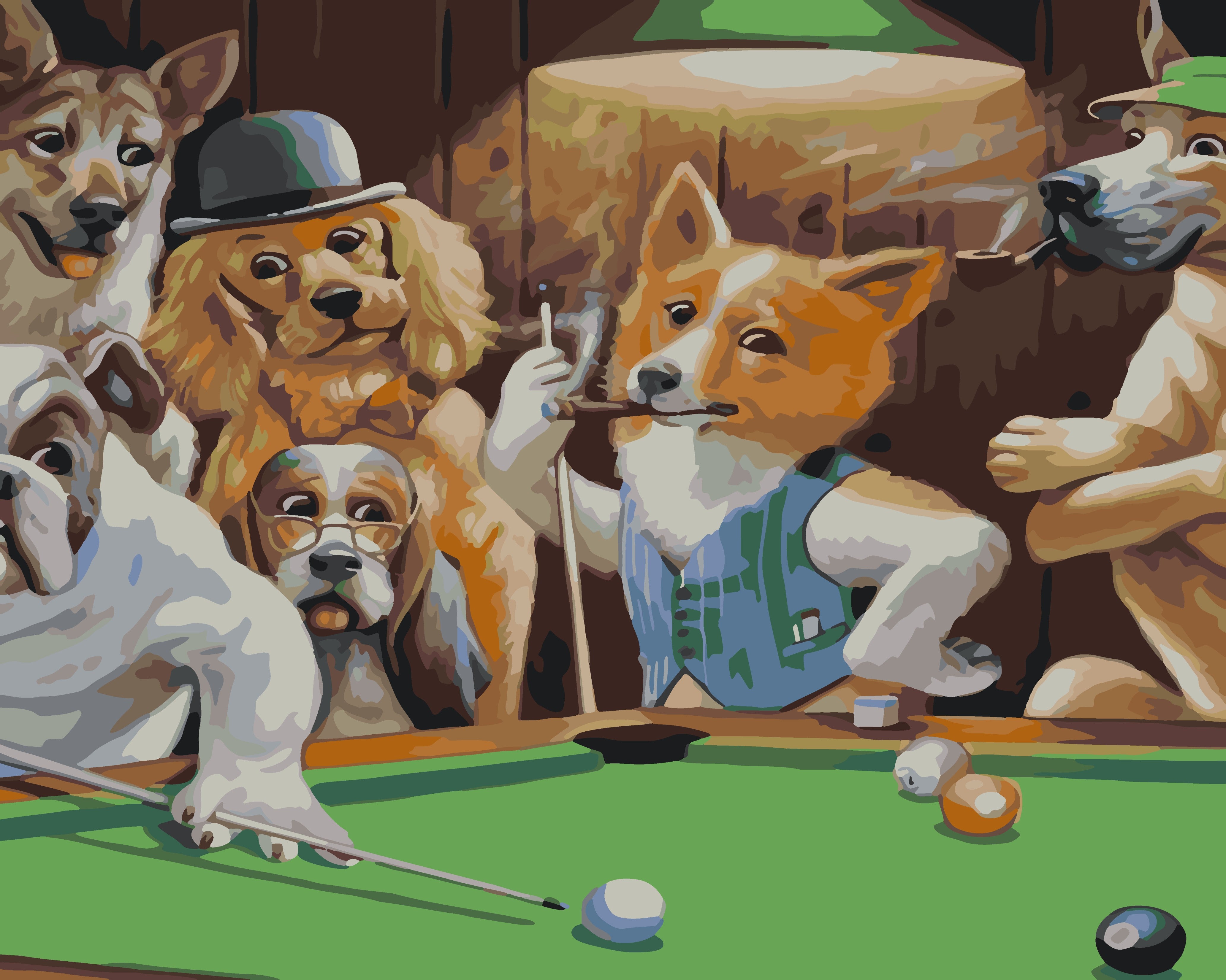 a painting of a group of dogs playing pool