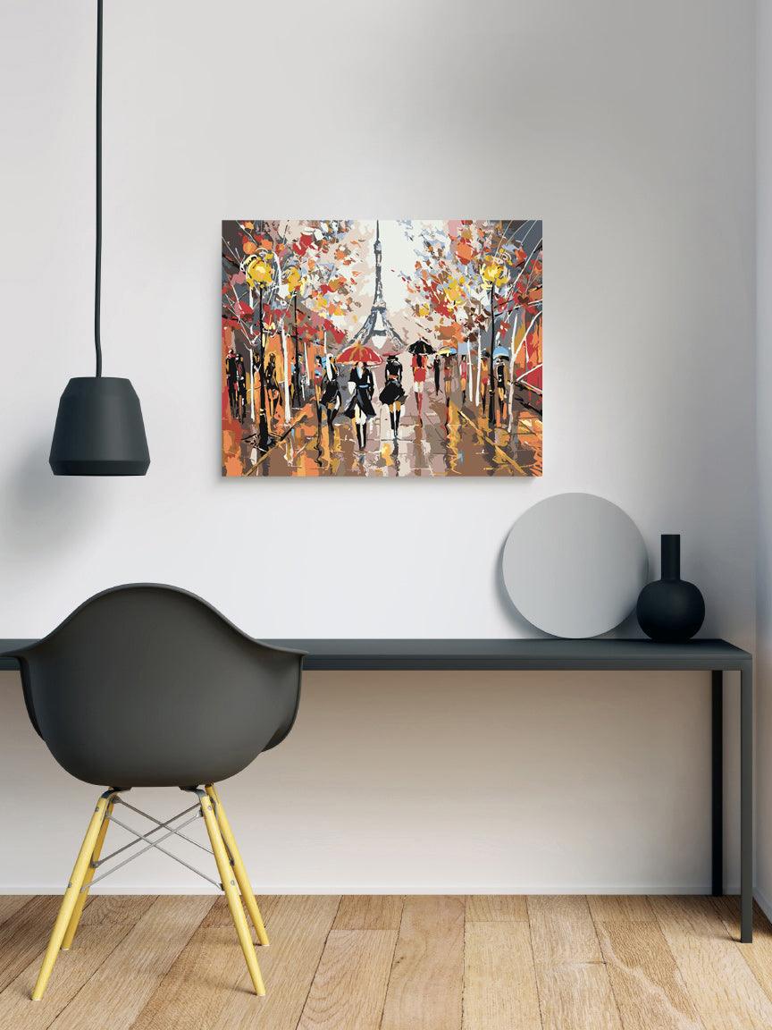 a painting of two people walking down a street