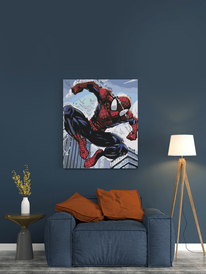 a living room with a couch and a painting on the wall