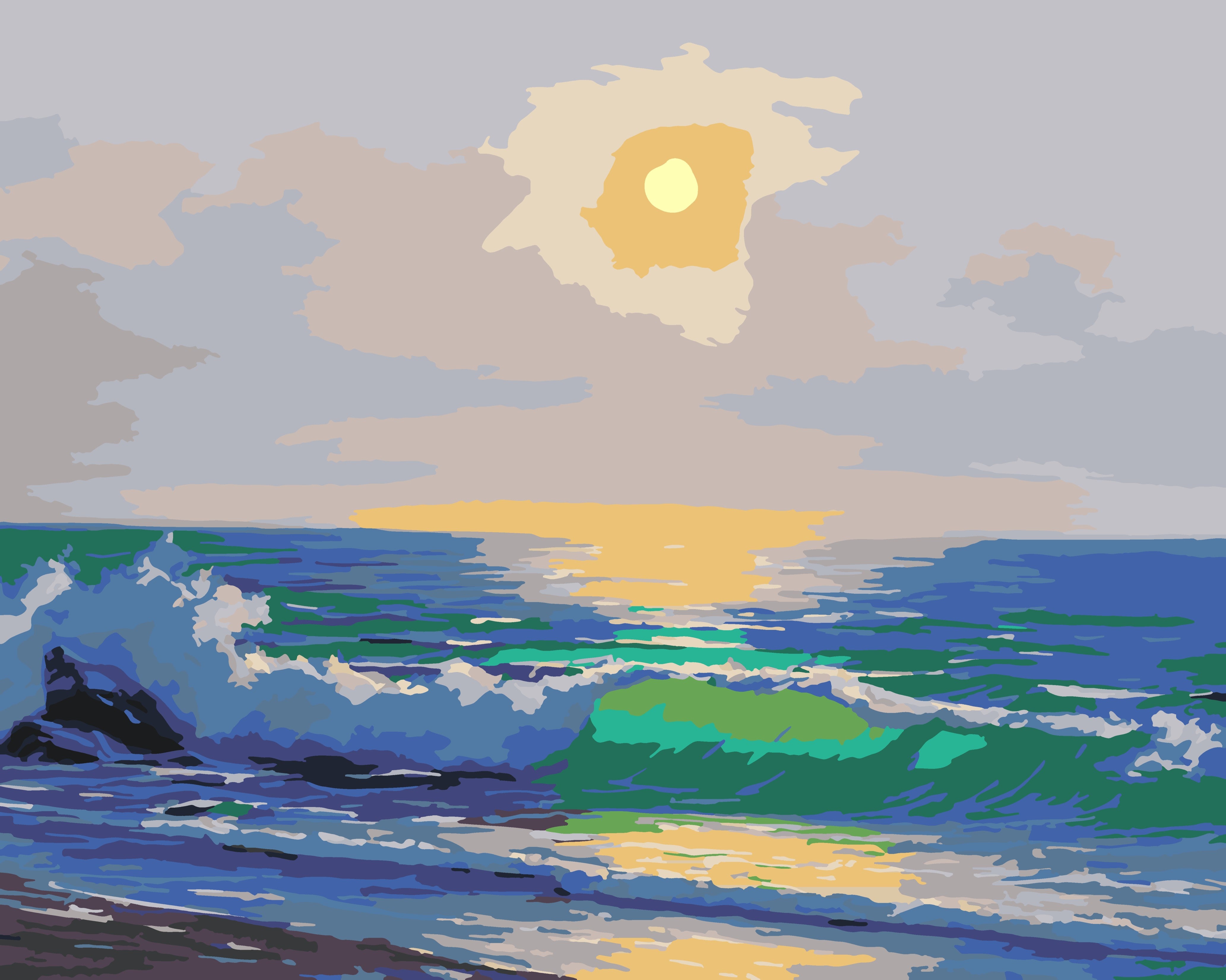 a painting of a sunset over the ocean