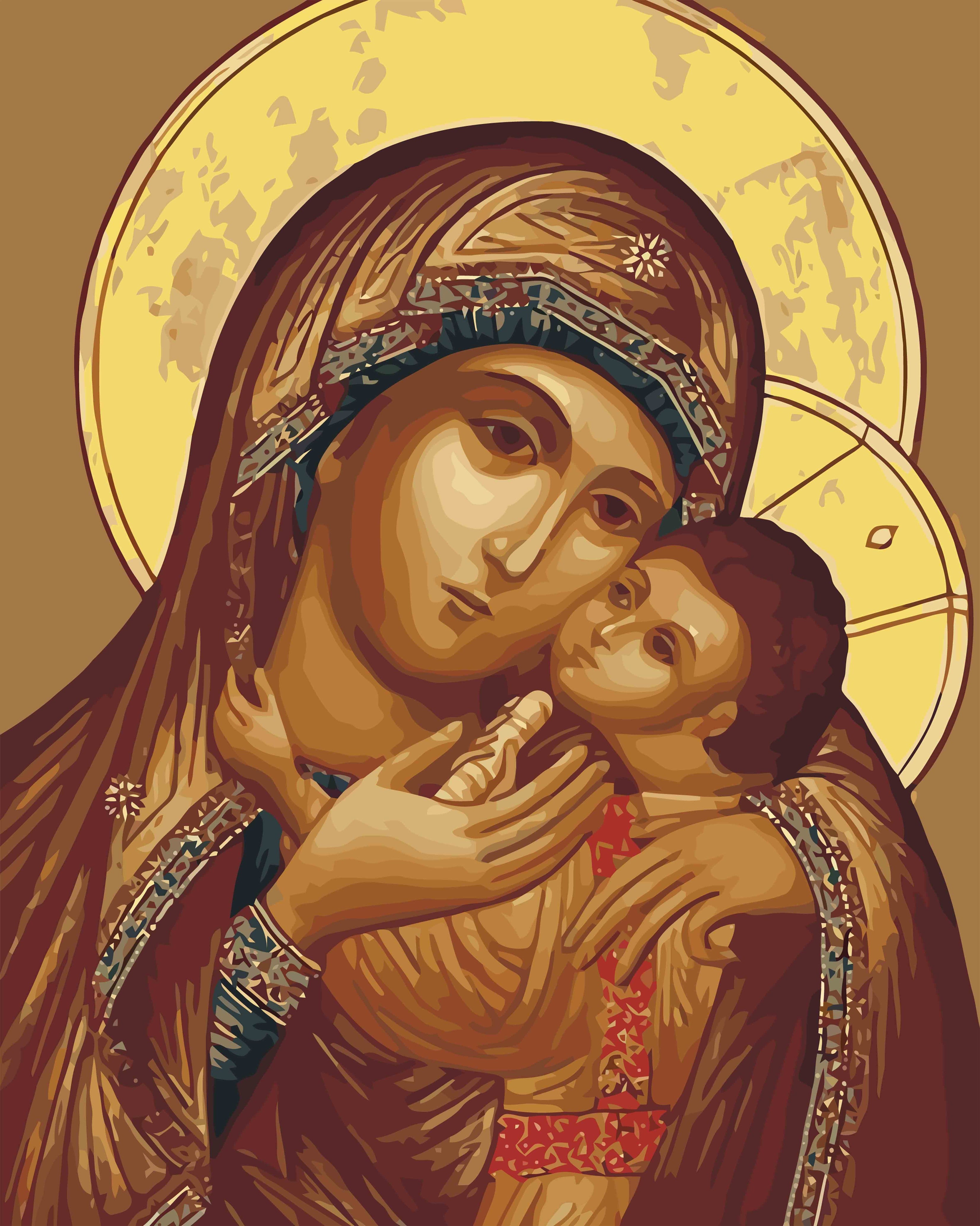a painting of the virgin mary holding a child