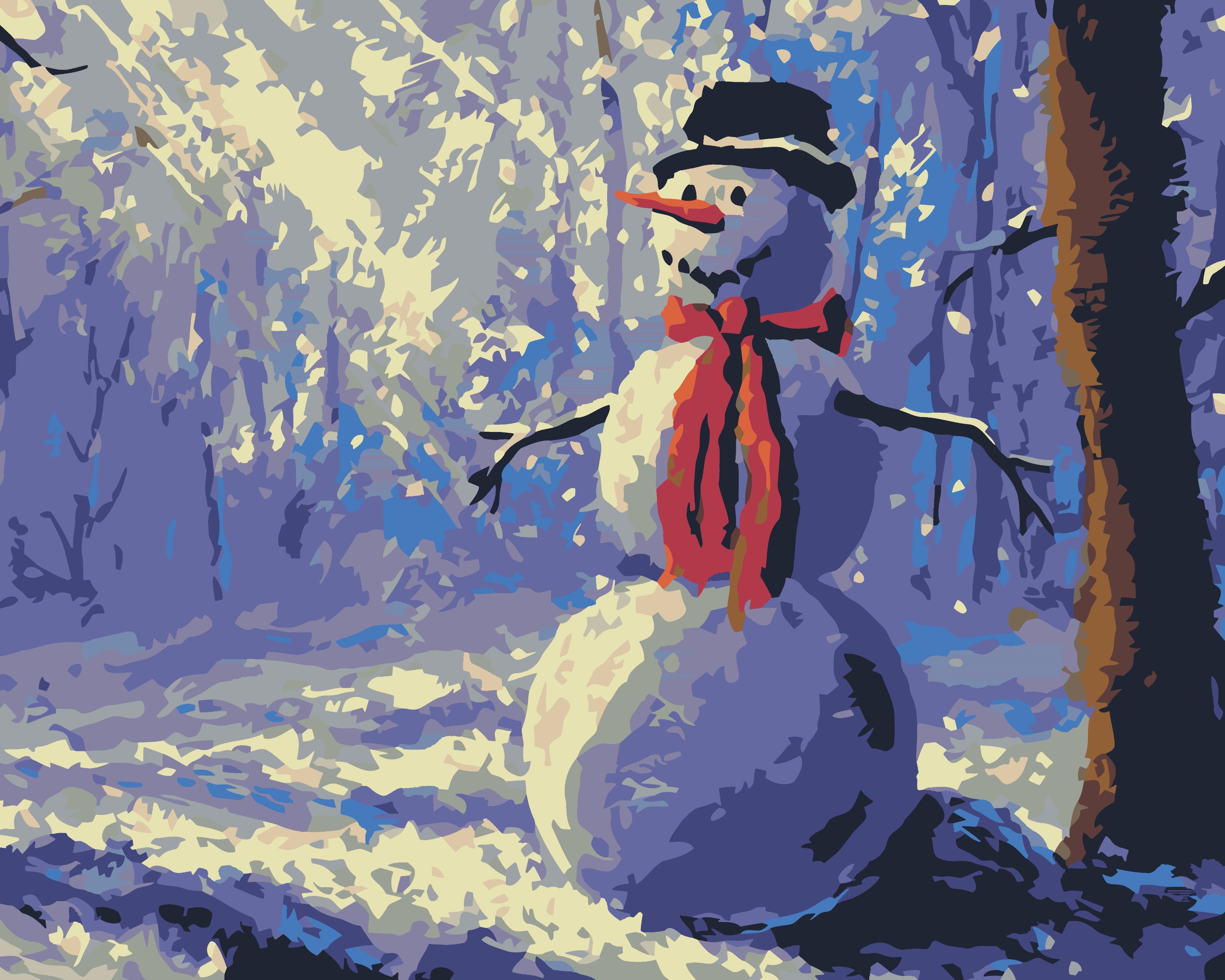 a painting of a snowman in the woods