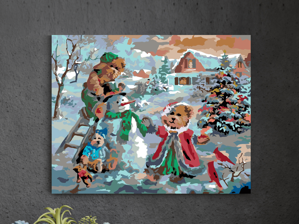 a painting of two teddy bears playing in the snow