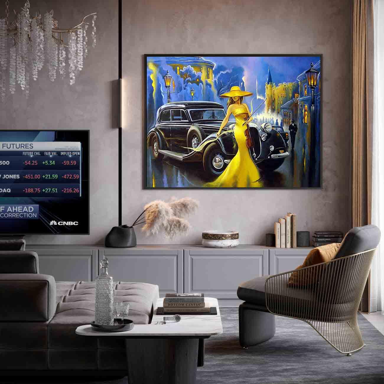 Peinture sur toile - Fille en robe jaune