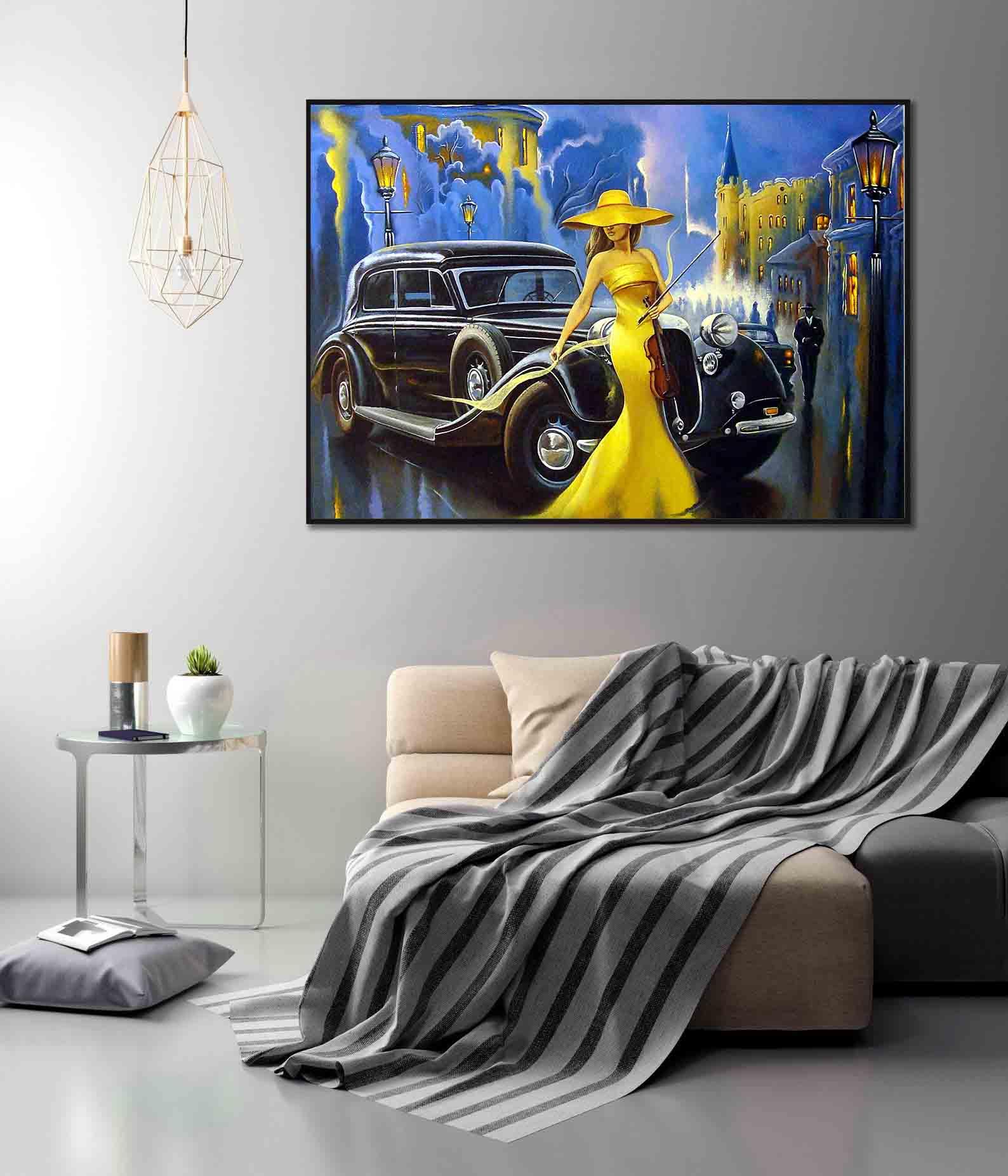 Peinture sur toile - Fille en robe jaune
