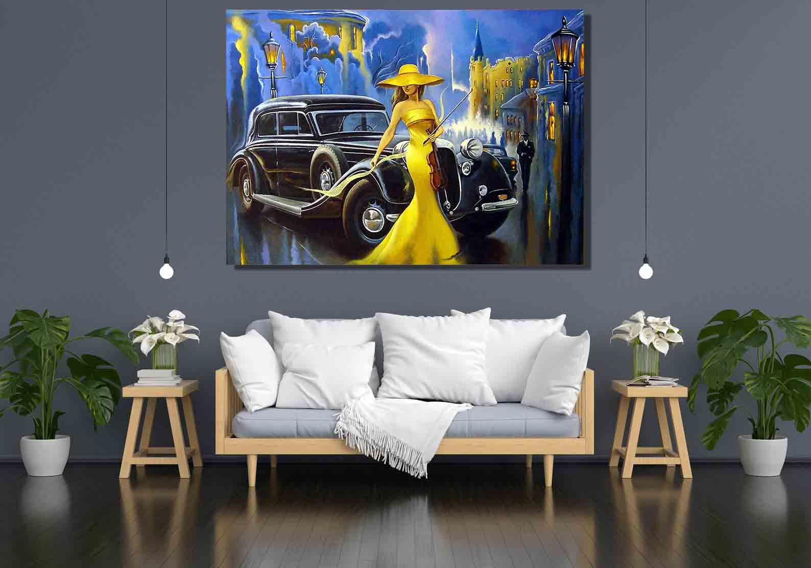 Peinture sur toile - Fille en robe jaune