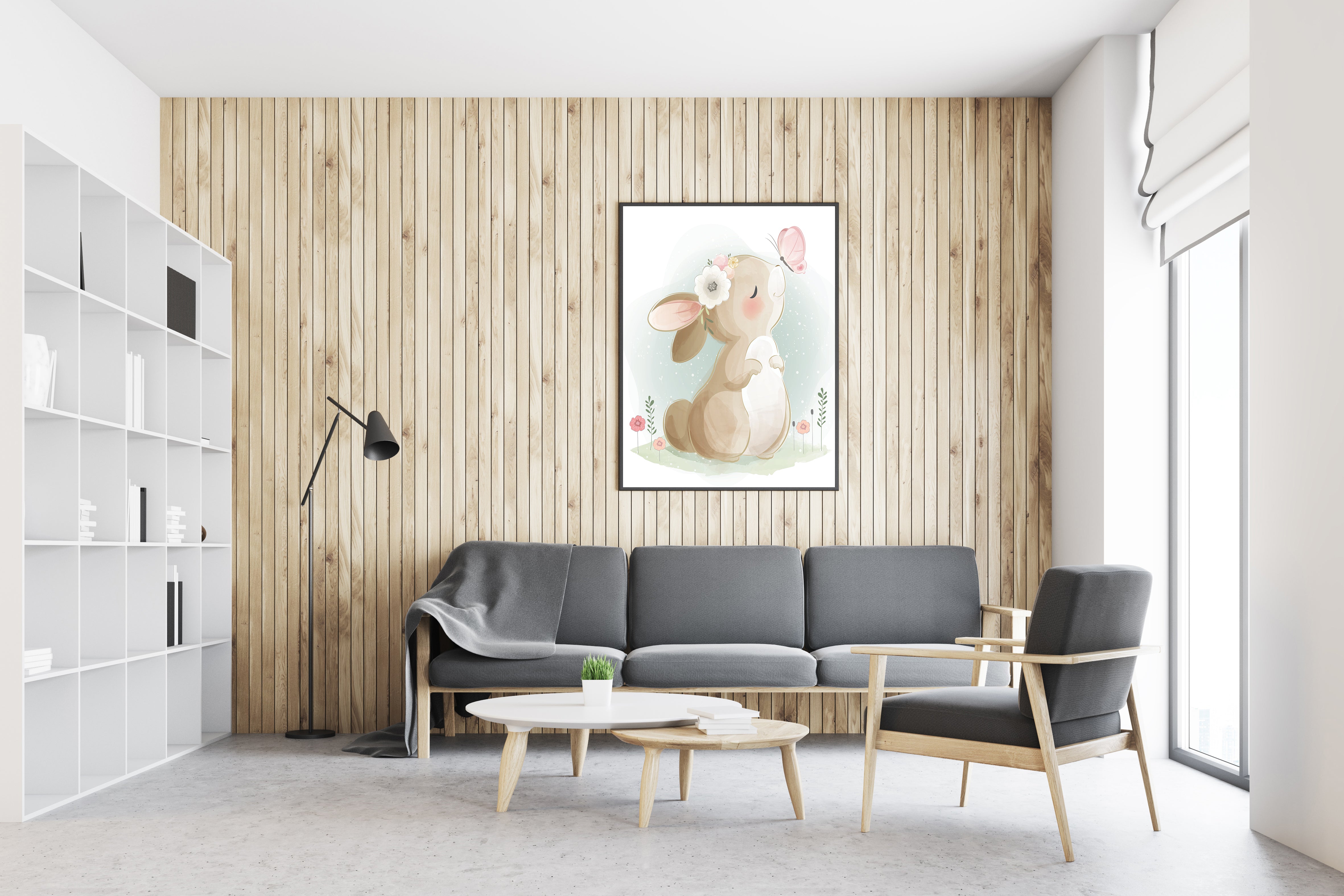 Leinwandbild - Hase spielt mit Schmetterling