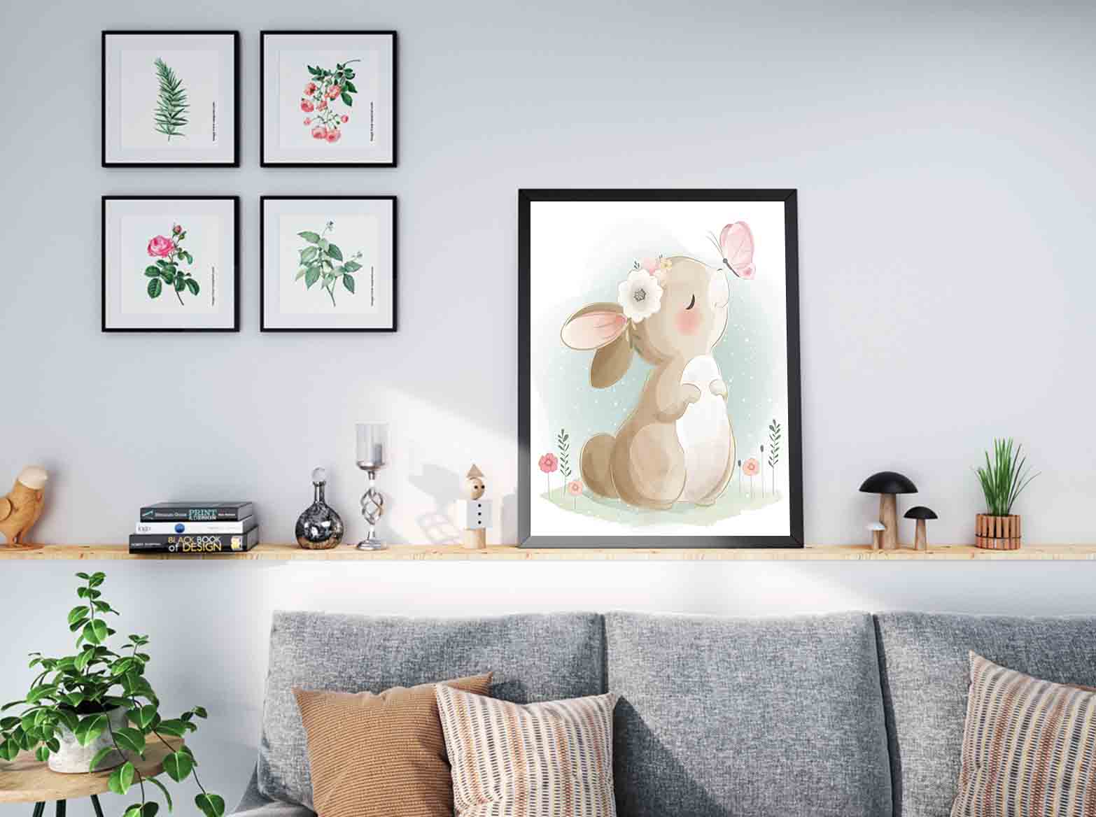 Leinwandbild - Hase spielt mit Schmetterling