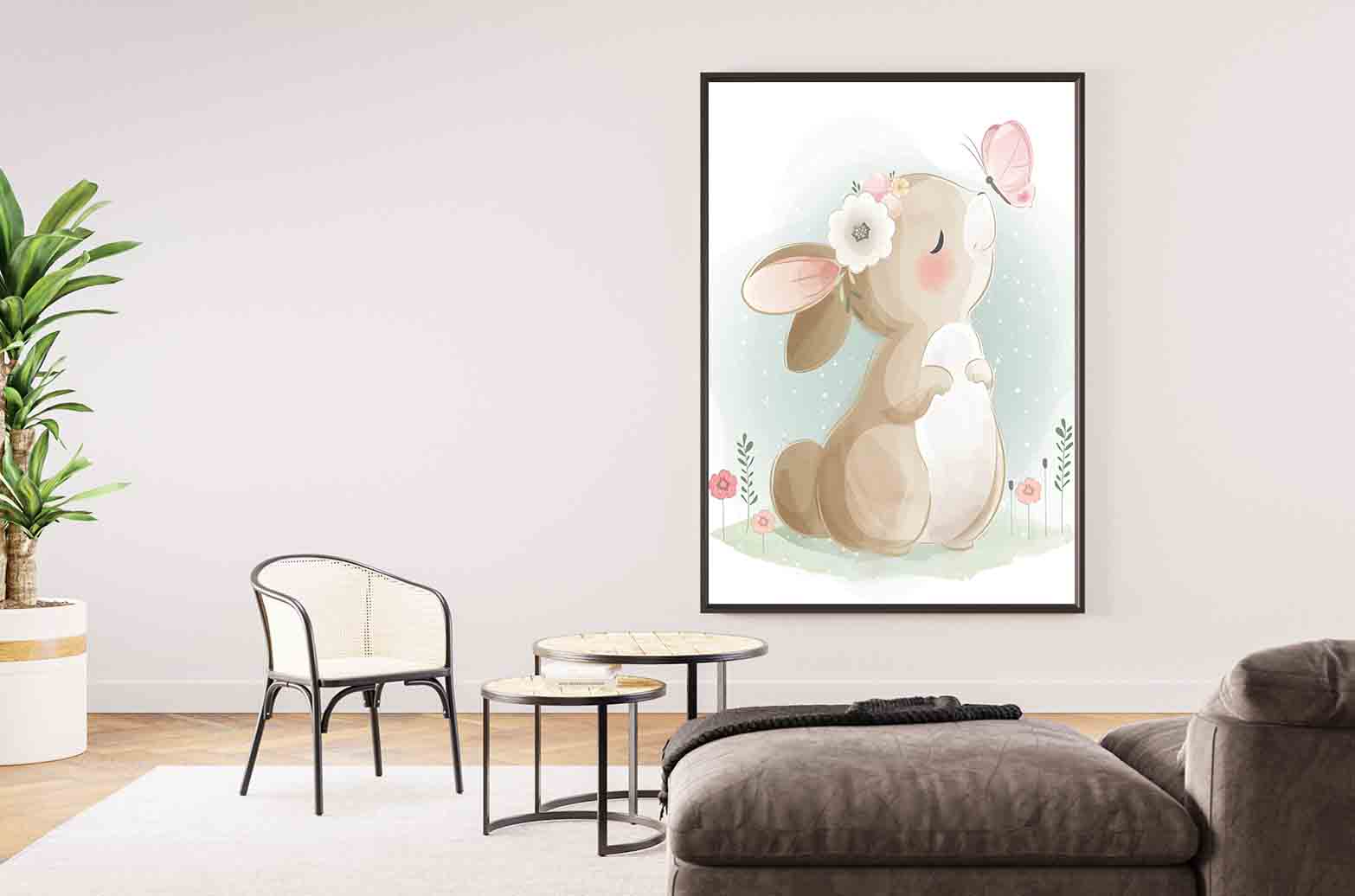 Leinwandbild - Hase spielt mit Schmetterling