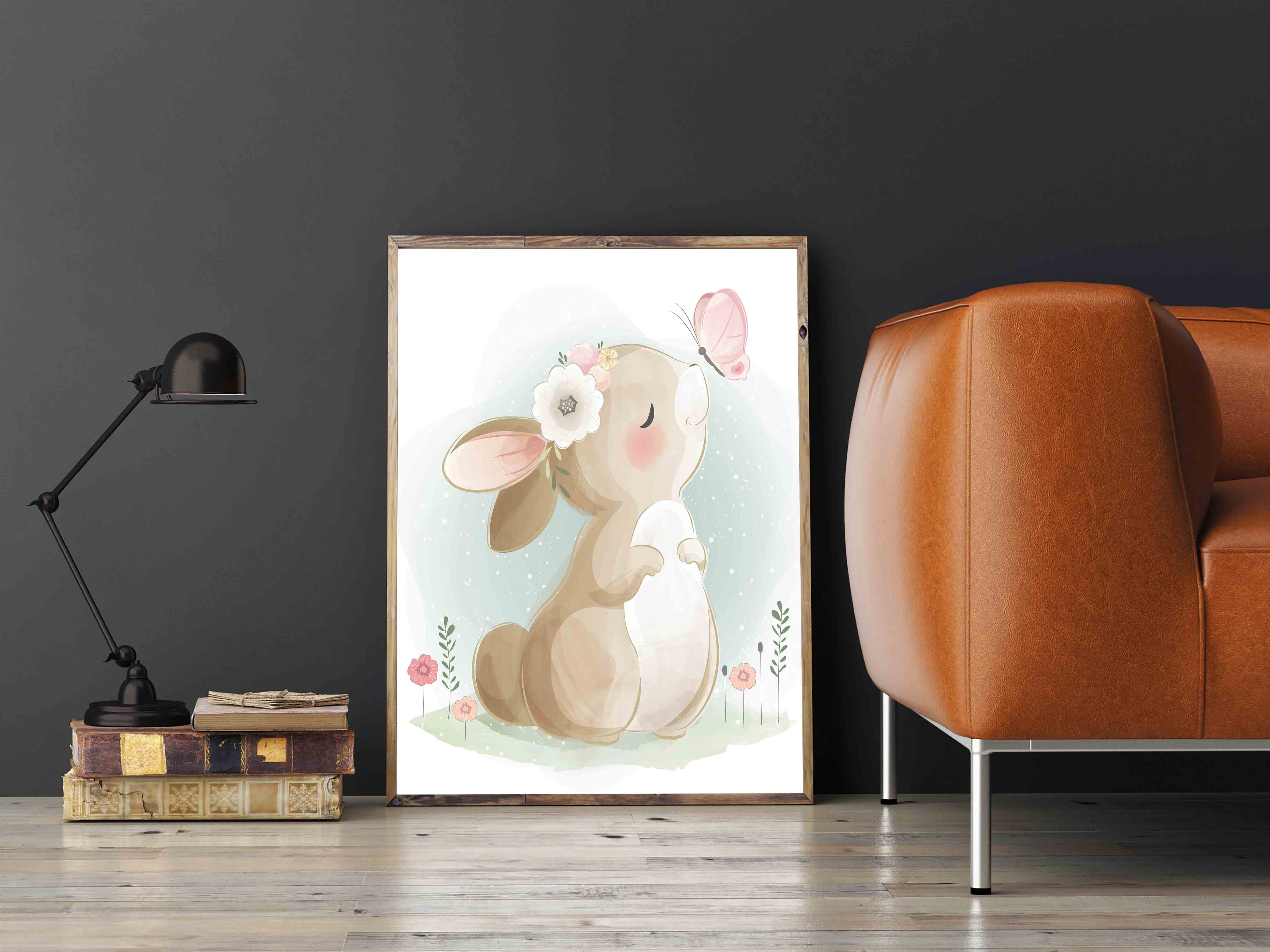 Leinwandbild - Hase spielt mit Schmetterling