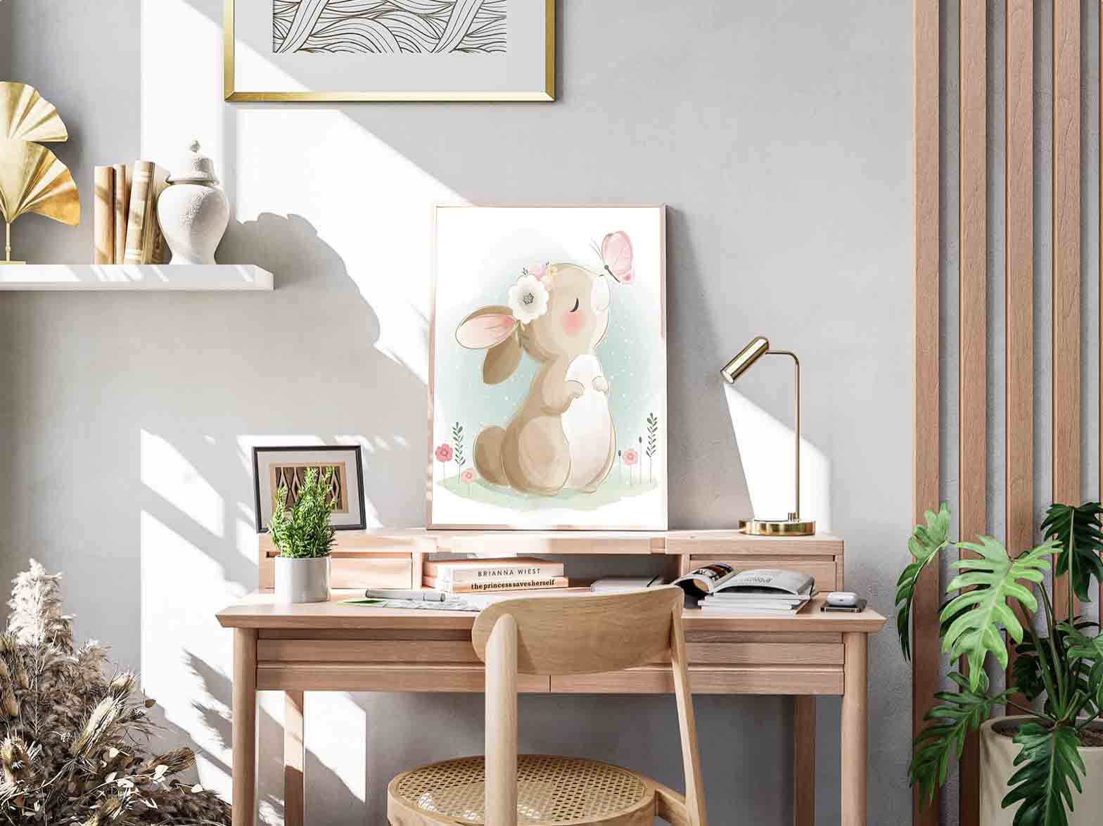 Leinwandbild - Hase spielt mit Schmetterling