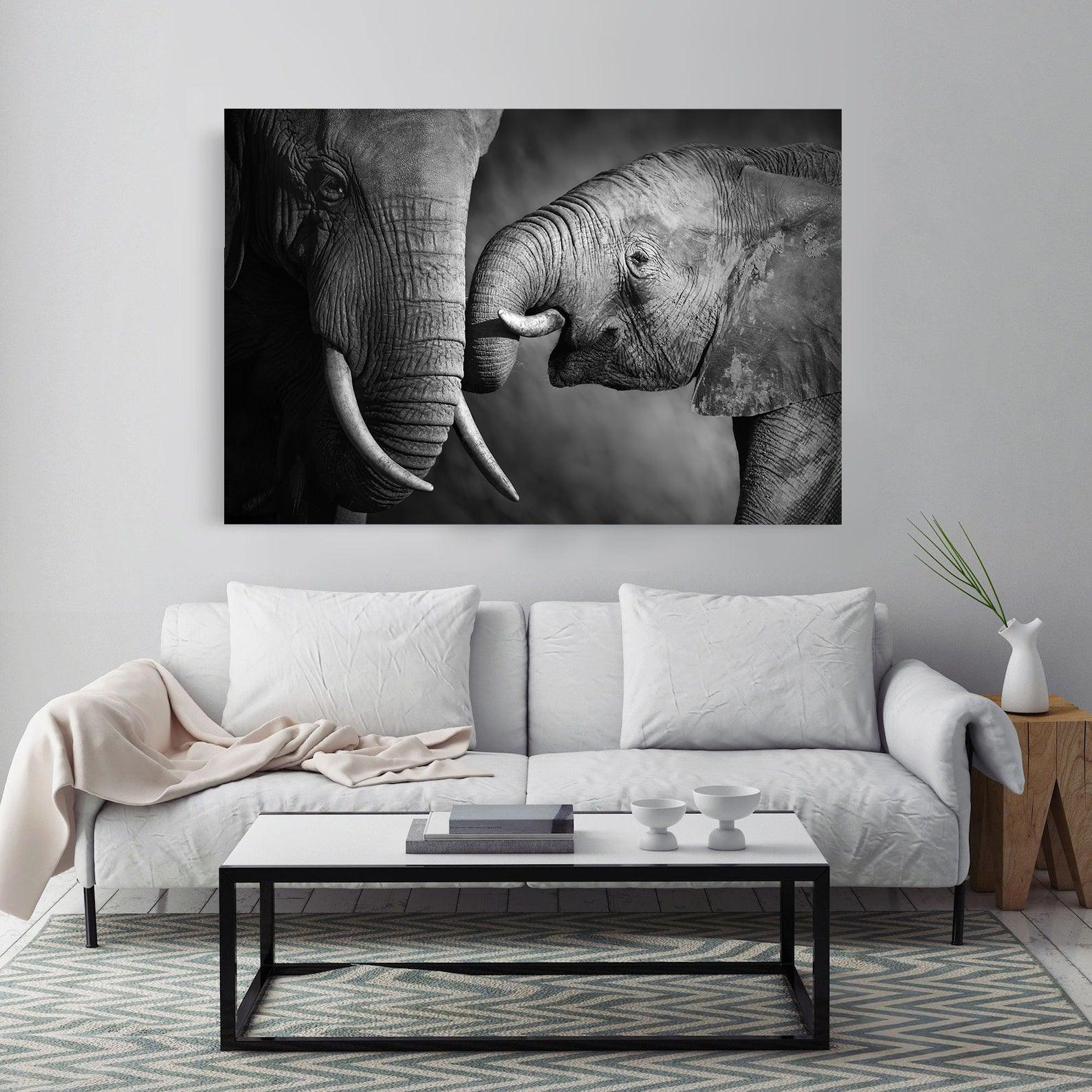 Peinture sur toile - Éléphants noirs et blancs