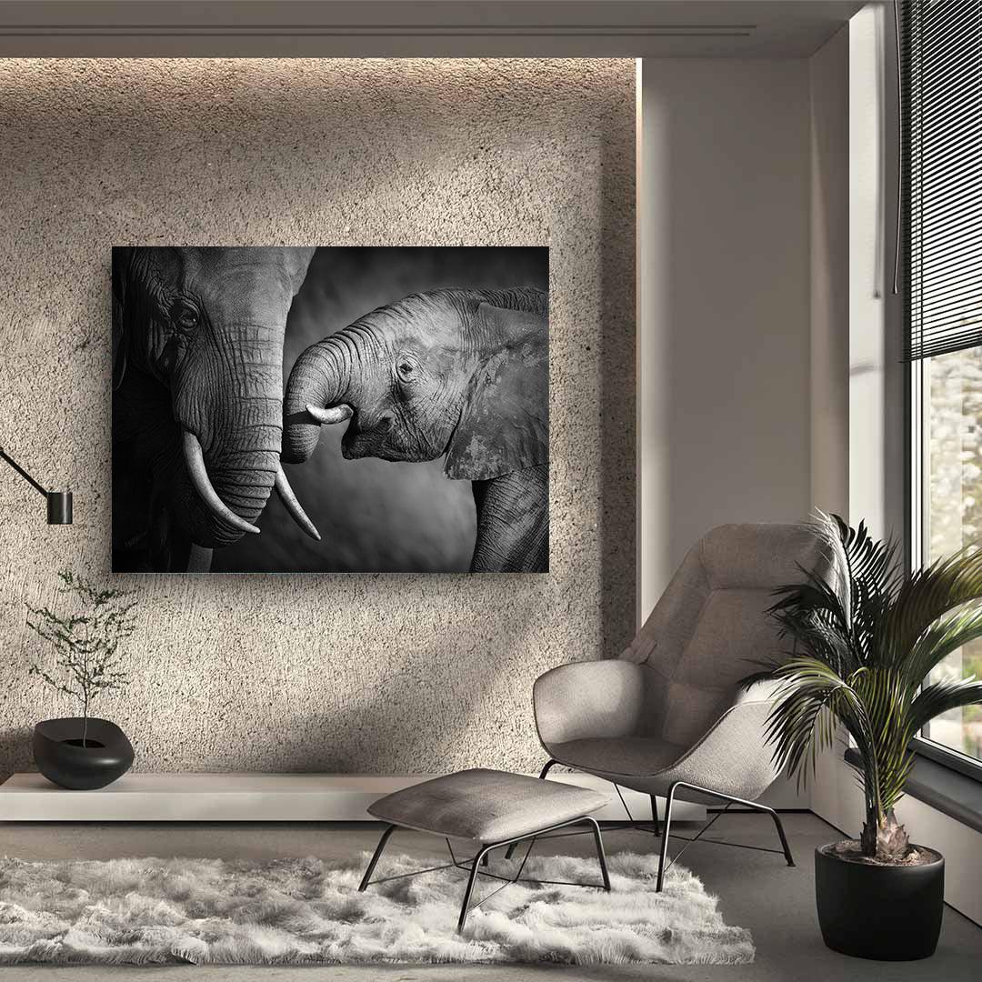 Peinture sur toile - Éléphants noirs et blancs