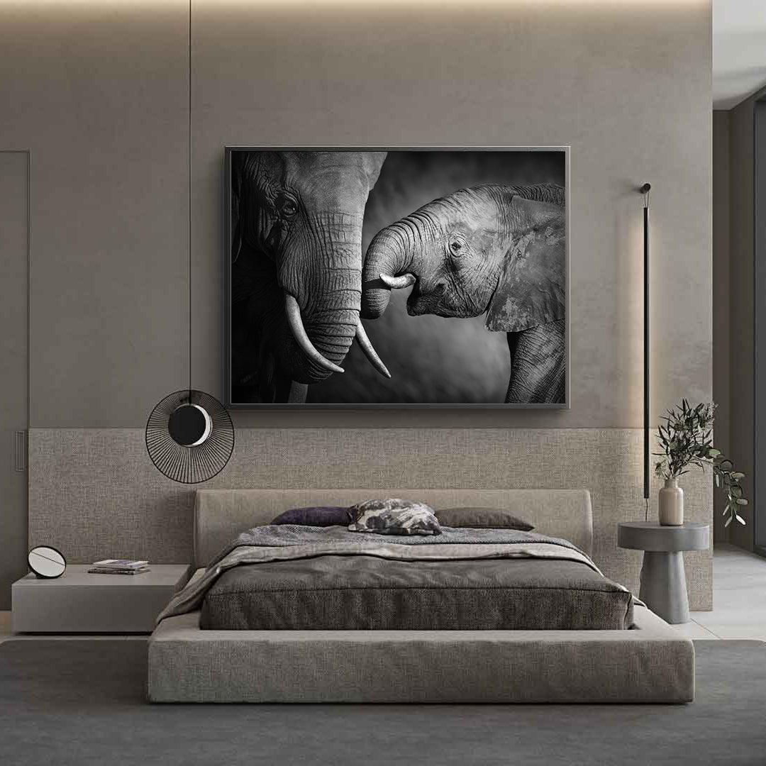Peinture sur toile - Éléphants noirs et blancs