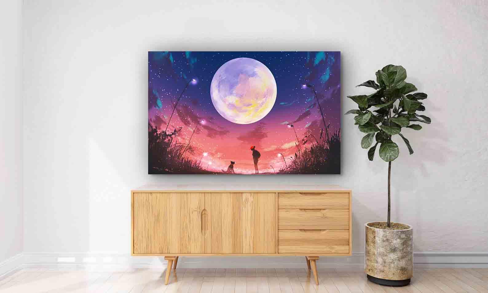 Peinture sur toile - Femme et chien la nuit